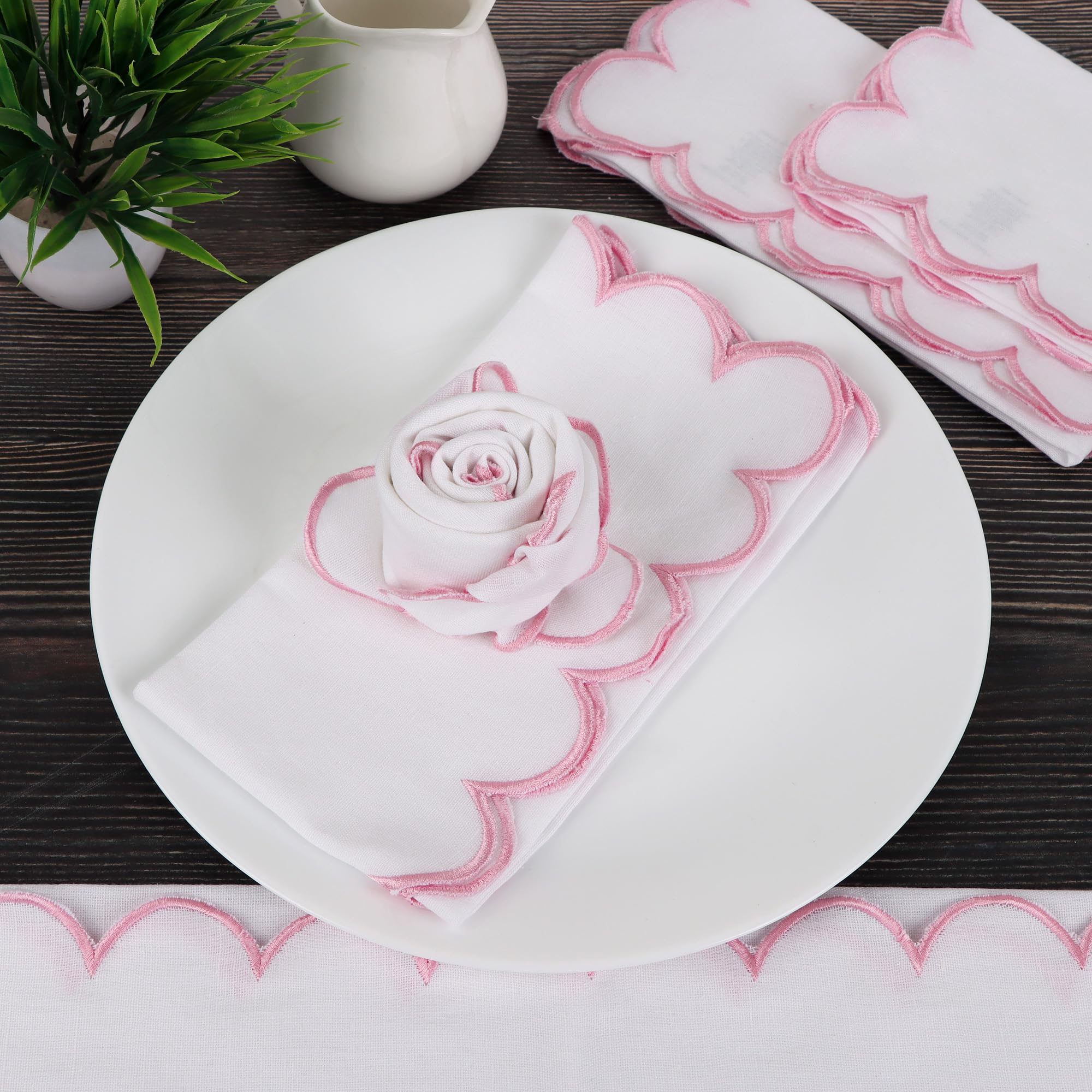 Scalloped Embroidery Cloth Napkins Premium Quality Table Decor Spring and Summer 100% Cotton Reusable Washable Napkin -18 x 18 inch (SL-White Napkin with Blush Pink Edges, Pack of 4)