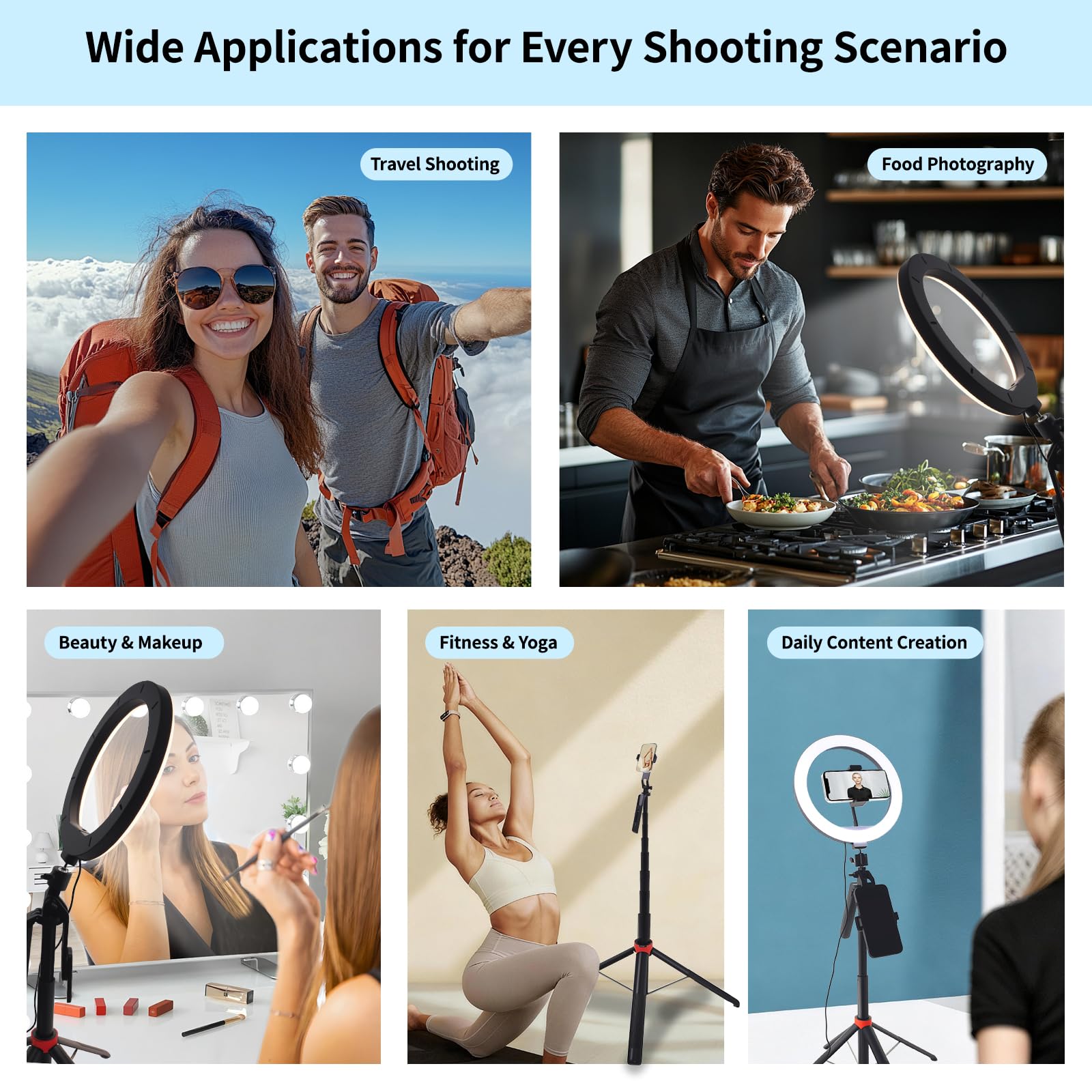 Handy-Stativ mit Ringlicht, 1,8m Aluminium Stativ mit 4-Fuß-Ständer, Bluetooth Fernbedienung, 360° drehbarer Halter, Tragbares Reisestativ für Selfie/Live-Stream/Video (Kompatibel mit Smartphones)