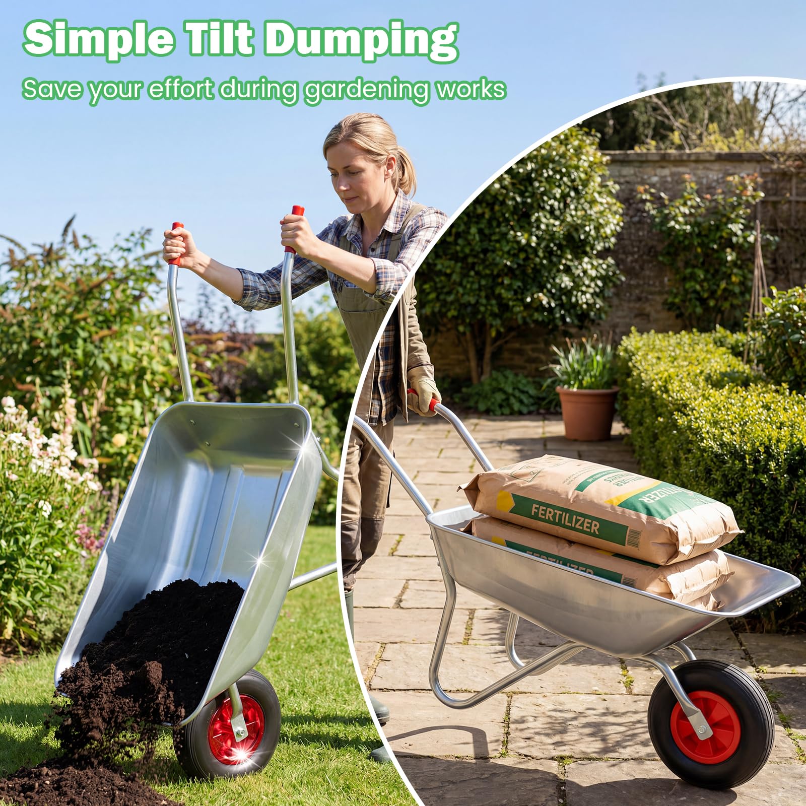 FANTASK Schubkarre mit 2 Griffen, Bauschubkarre aus verzinktem Metall mit 32 cm Gummireifen, Gartenschubkarre bis 136 kg, Gartenwagen, Schiebkarre Kippwagen Garten (Silber)