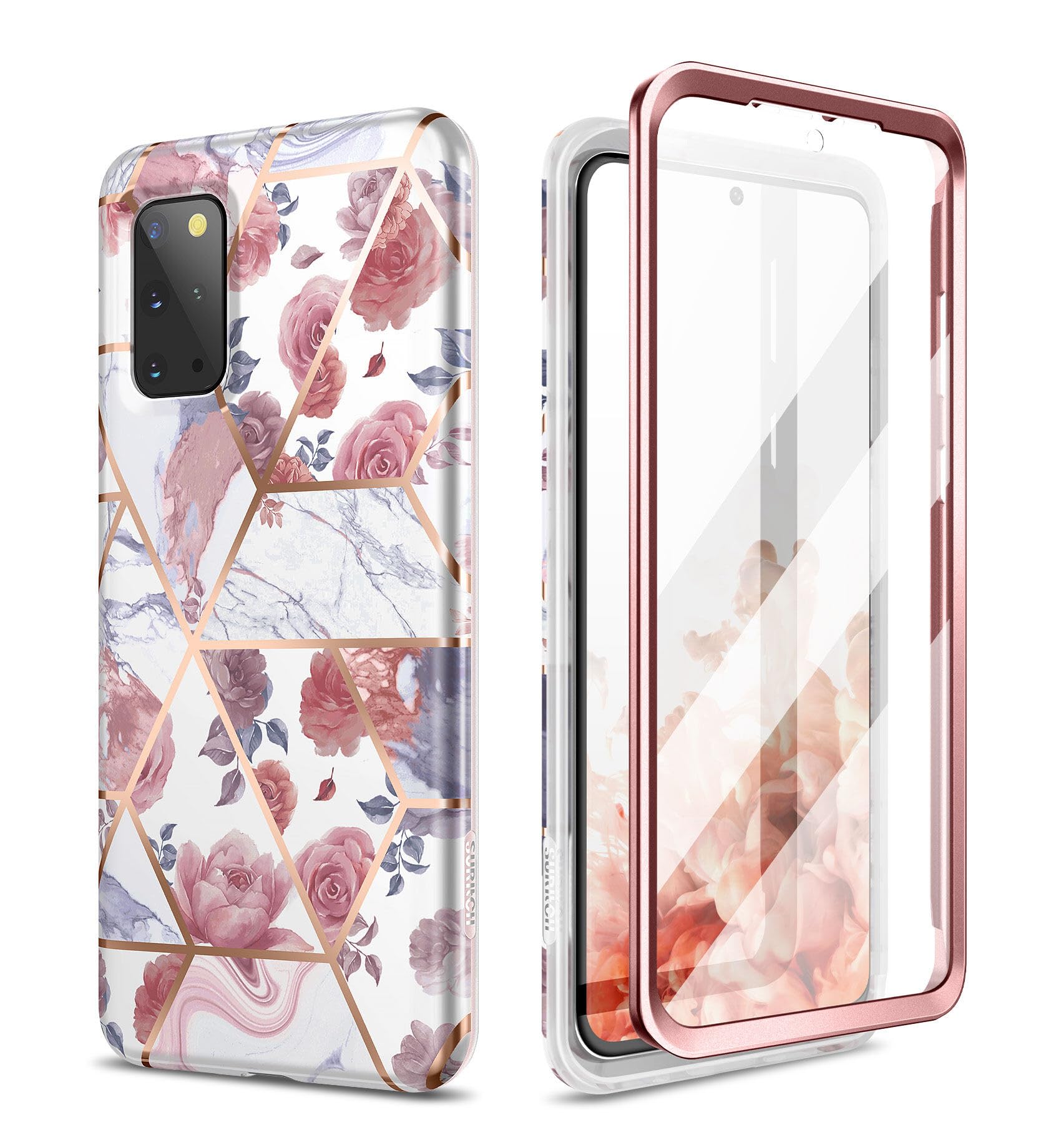 SURITCH Phone Case for Samsung Galaxy S20 Plus 6.7 inch, Front Cover with Built-in Screen Protector Full-Body Protection Shockproof TPU Bumper Protective S20+ Case for Man Women Cute, Rose Marble