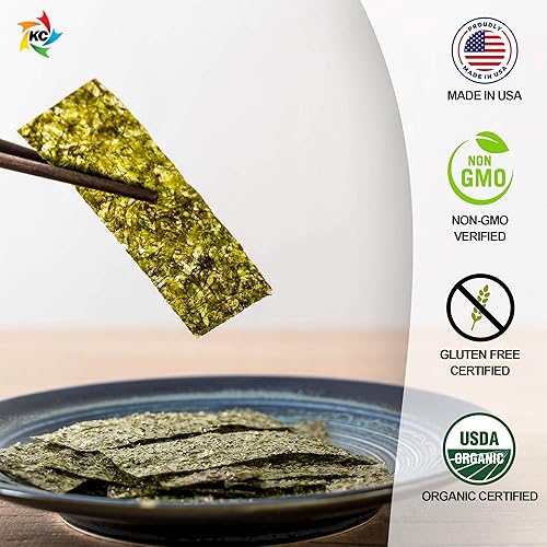 Miniatura 5 de KIMNORI Hojas de bocadillos de algas marinas sazonadas – Sabor dulce y picante con sal marina orgánica 24 paquetes individuales tostados crujientes