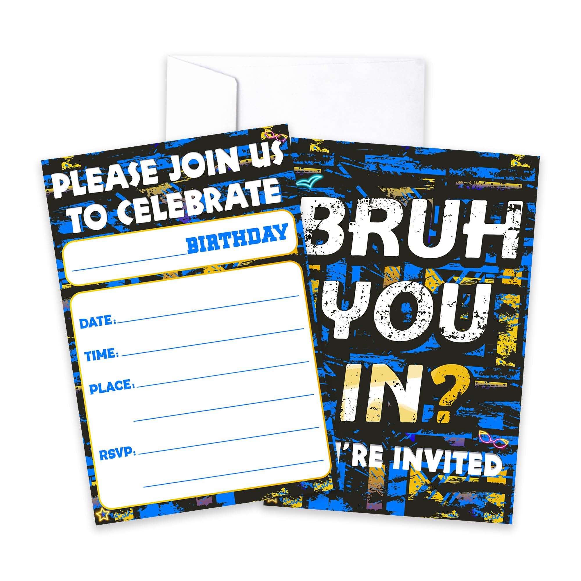 CLIRBE Bruh Birthday Party Invitations, Glow Neon Invited Birthday Invitations For Brother Bro Teen Boys, 20 Invites Cards With 20 Envelopes, Party Supplies Favors -H03
