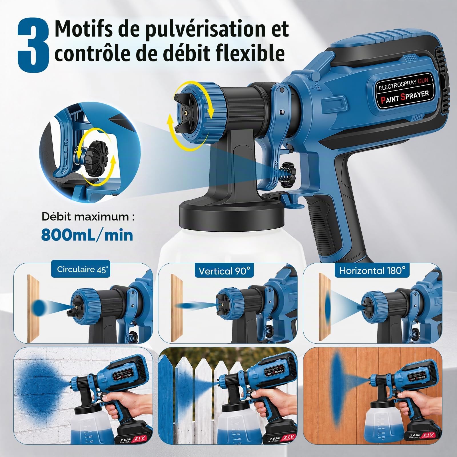 Pistolet à Peinture sans Fil 21V, 800 ML/Min Pistolet Peinture Electrique HVLP avec 5 Buses & 3 Modes de Pulvérisation, 1200 ML Réservoir, 2X Batteries 2000mAh – Idéal pour Meubles, Clôtures, Portes