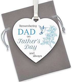 Fathers Day Memorial Sign Gifts For Him - PERSONALISED Hanging Wooden Heart Dad Memorial Plaque - Dad Remembrance Gifts - Dad In Heaven - In Memory Fathers Day Plaque Gifts - With Grey Bag