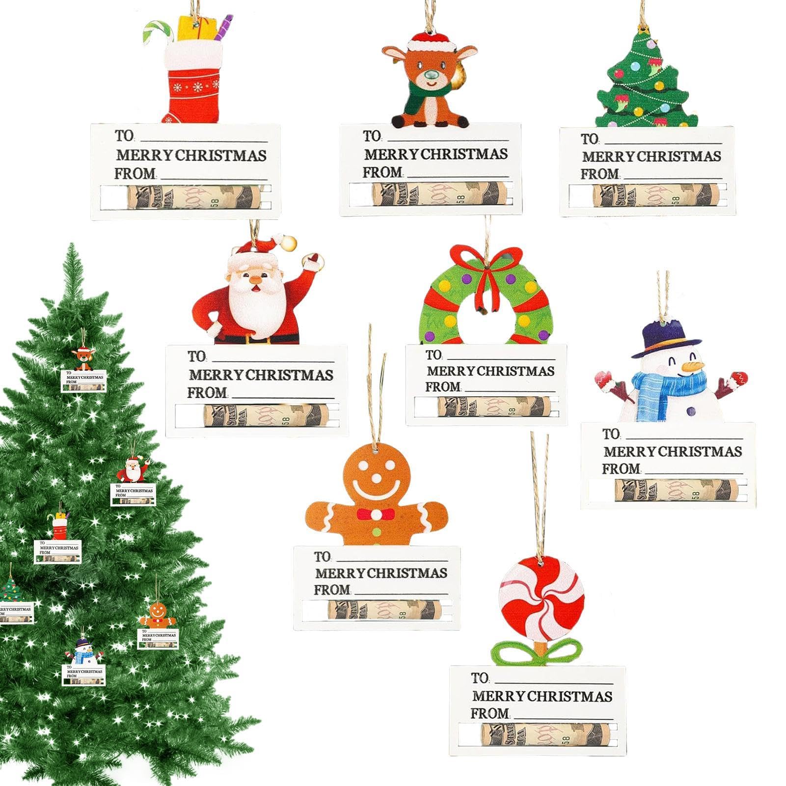 Porta dinero de Navidad para dinero en efectivo, 8 tarjetas de Navidad de madera, adornos de dinero para árbol de Navidad, tarjeta de dinero para dinero en efectivo