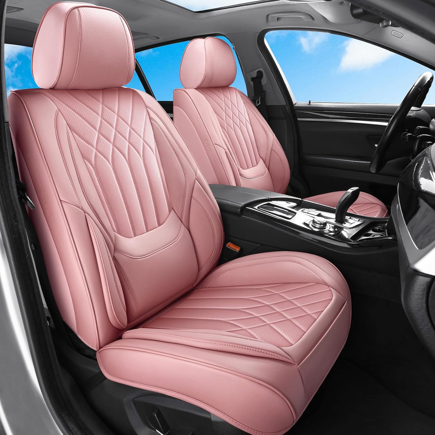 Pink Leather Car Seat Covers Front Seats, Luxury Automotive Seat Covers with Lumbar Support, Waterproof Pink Car Accessories Seat Protector Universal Fit for Most Cars Trucks Pick-ups SUVs Front Pair Pink