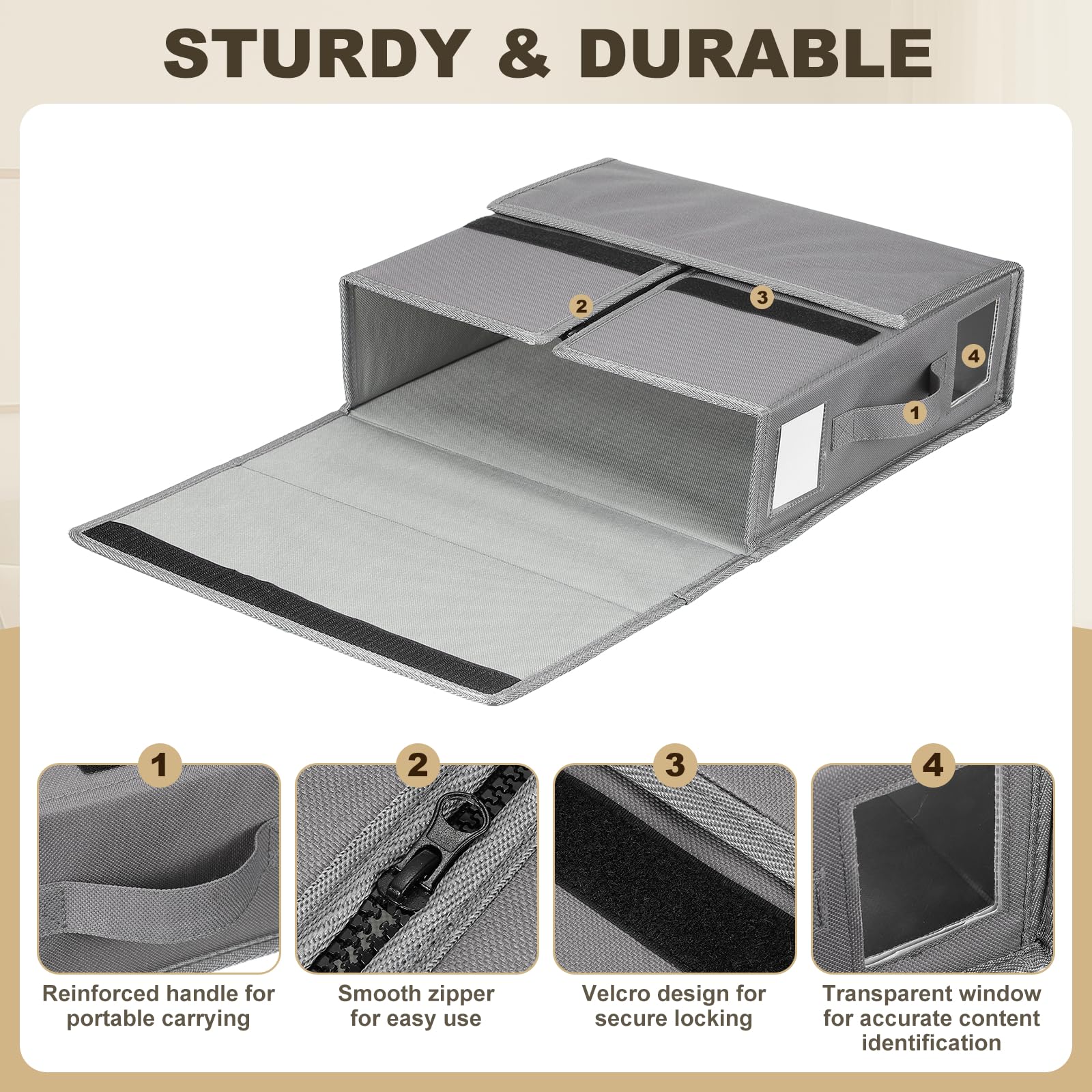 QUARKZMAN 4 Pack Organizadores de Sábanas con Asa para Armario Gris | Organizador Plegable de Juegos de Fundas Nórdicas, Contenedores de Almacenamiento, y Debajo de la Cama