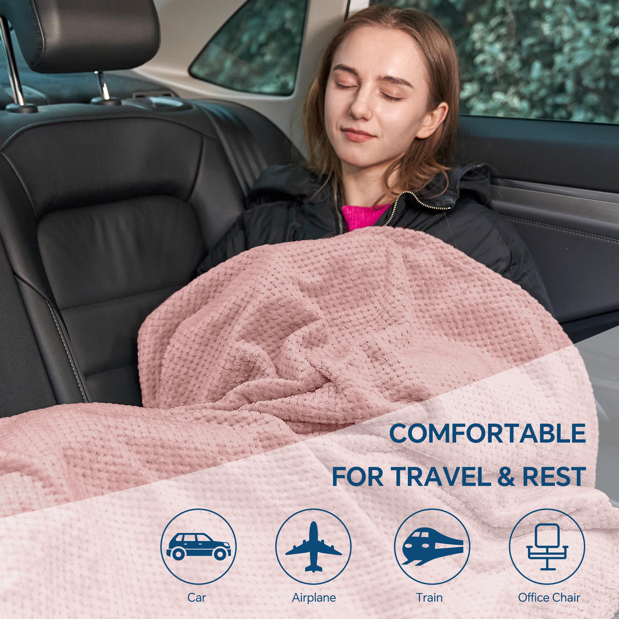 BEDELITE Travel Blanket with Bag, Jacquard Fleece Blanket 65"x40", Pink view 7