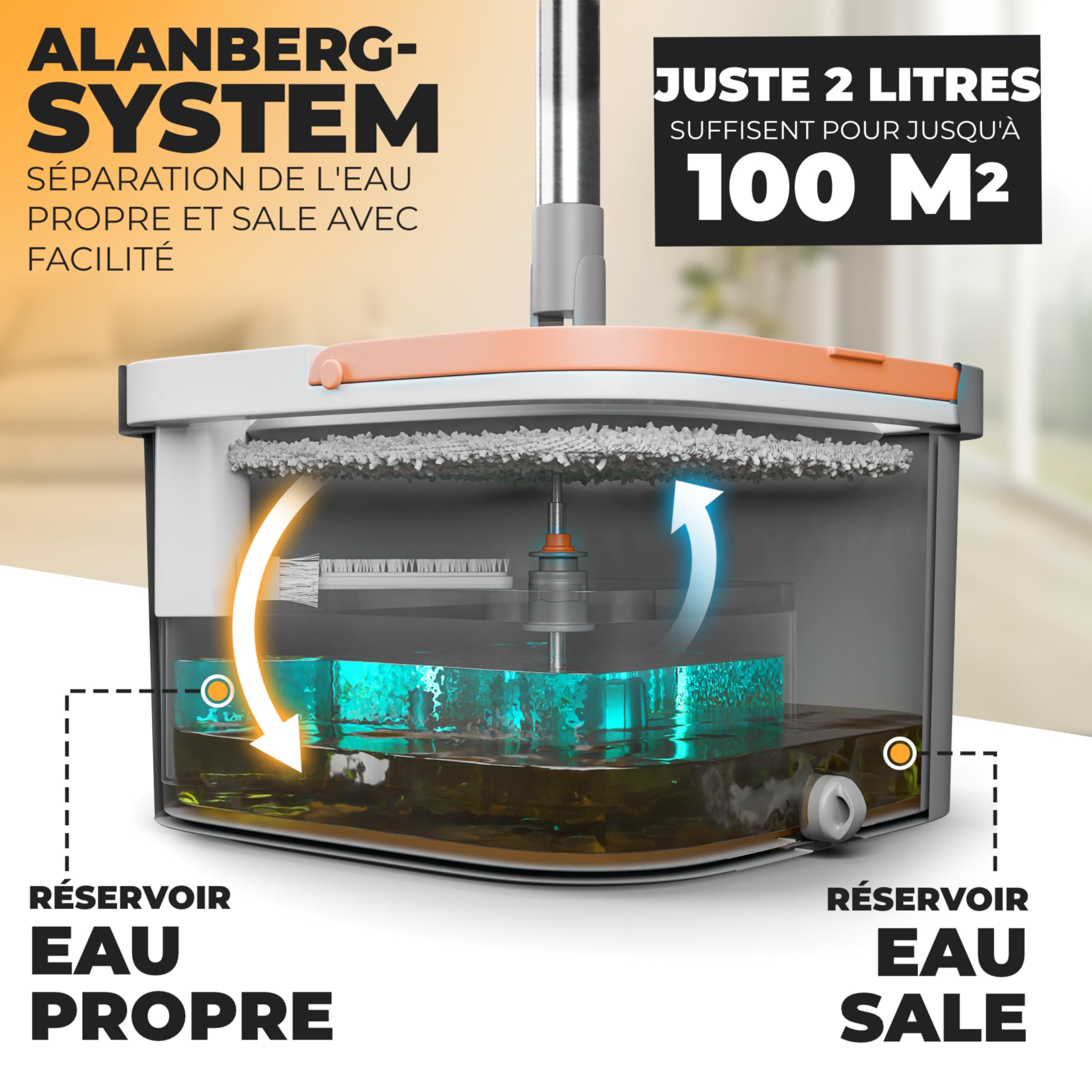 Serpillière et Seau Essoreur – Système à 2 Compartiments avec 2 Tampons Microfibre, Balai Plat de Nettoyage Sol et Ménage, Mop de Sol Plat avec Seau de Nettoyage, Gris – ALANBERG®