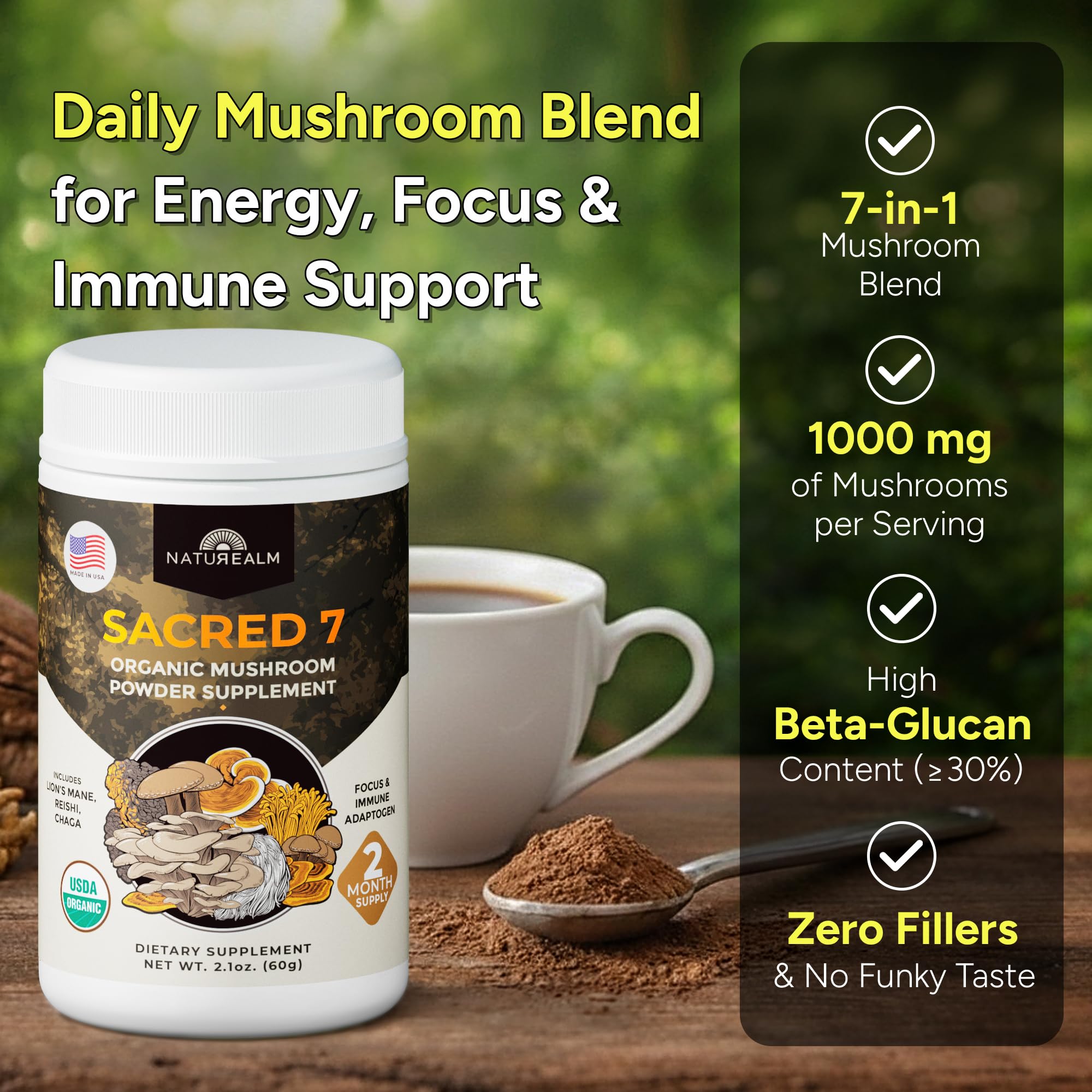 Naturealm Sacred 7 Organic Mushroom Powder, 60 Servings (2 Month Supply) — Amazon image 2