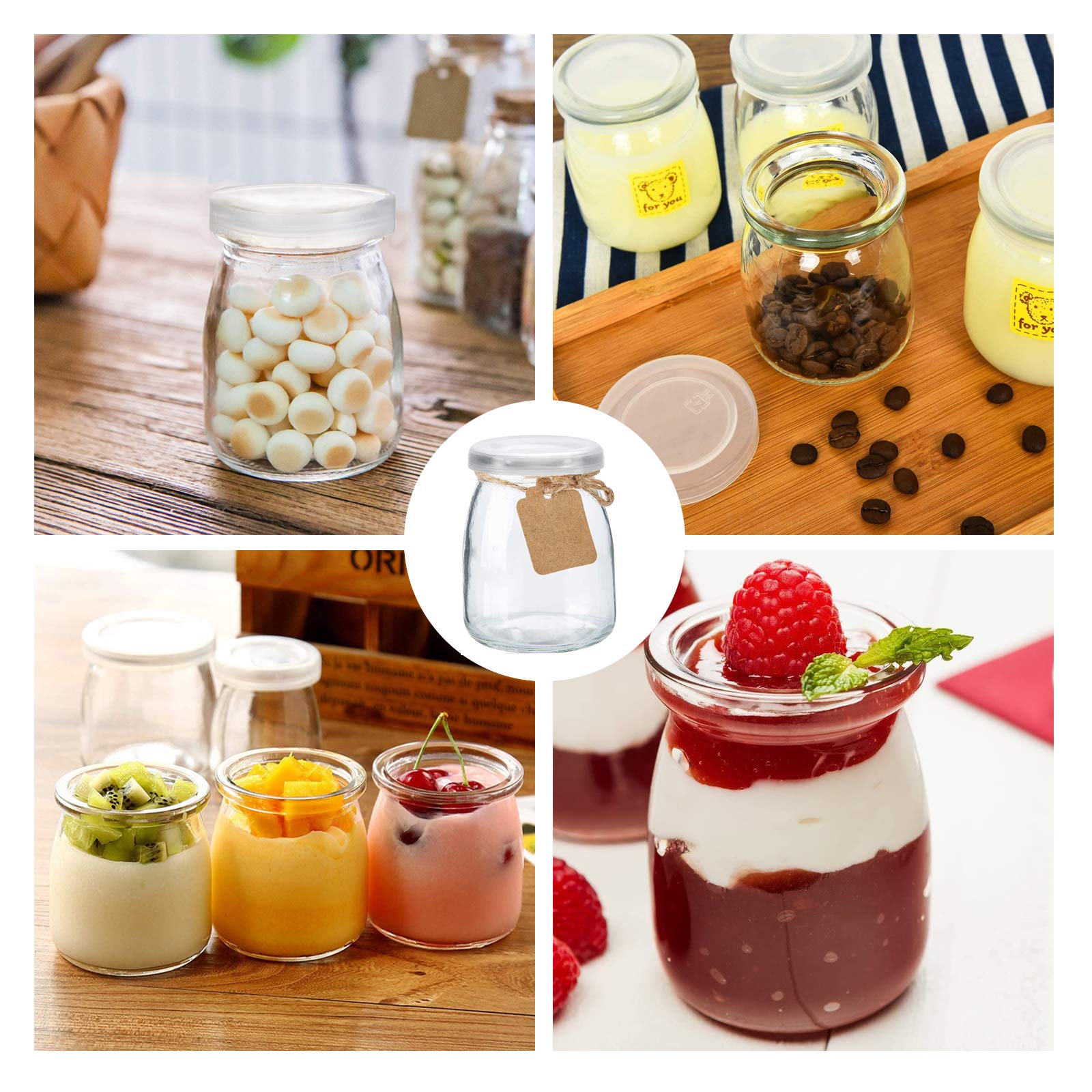 Paquete de 20 tarros de vidrio pequeños de 6.7 onzas, tarros de pudín de vidrio transparente con tapas y etiquetas de polietileno, tarros de especias/tarros de gelatina de vidrio, tarros de yogur, 7