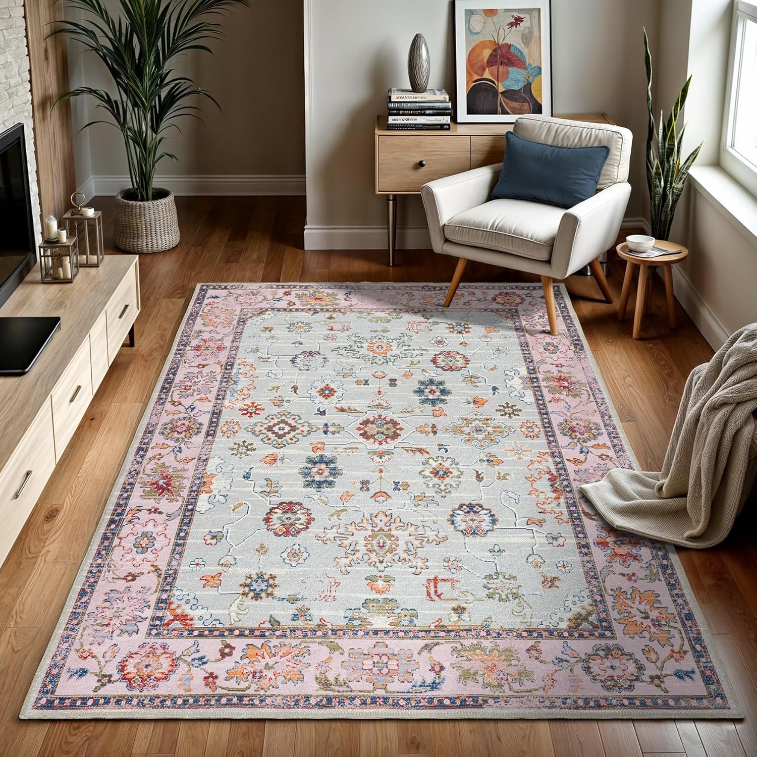 Teppiche für Wohnzimmer, 120 x 180 cm, waschbar, rutschfest, für Schlafzimmer, Innenbereich, niedriger Flor, für Esszimmer, Badezimmer, Küche, traditionelles Blumenmuster, Rosa