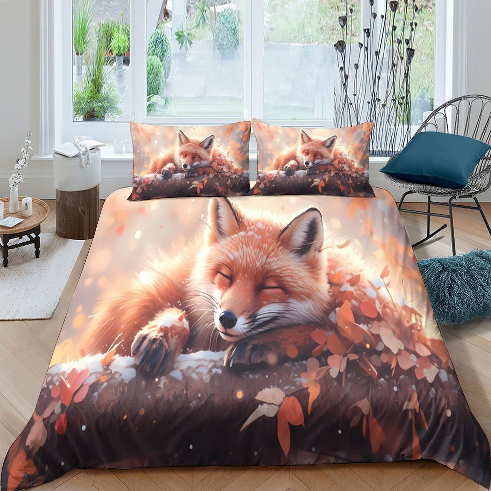 Ctjqhvkz Style-2 3D Printed Autumn Fox Fitted Sheet Microfiber Soft Breathable Woodland Leaves Bed Cover For Bedroom Dorm Decor Single（135X200cm）