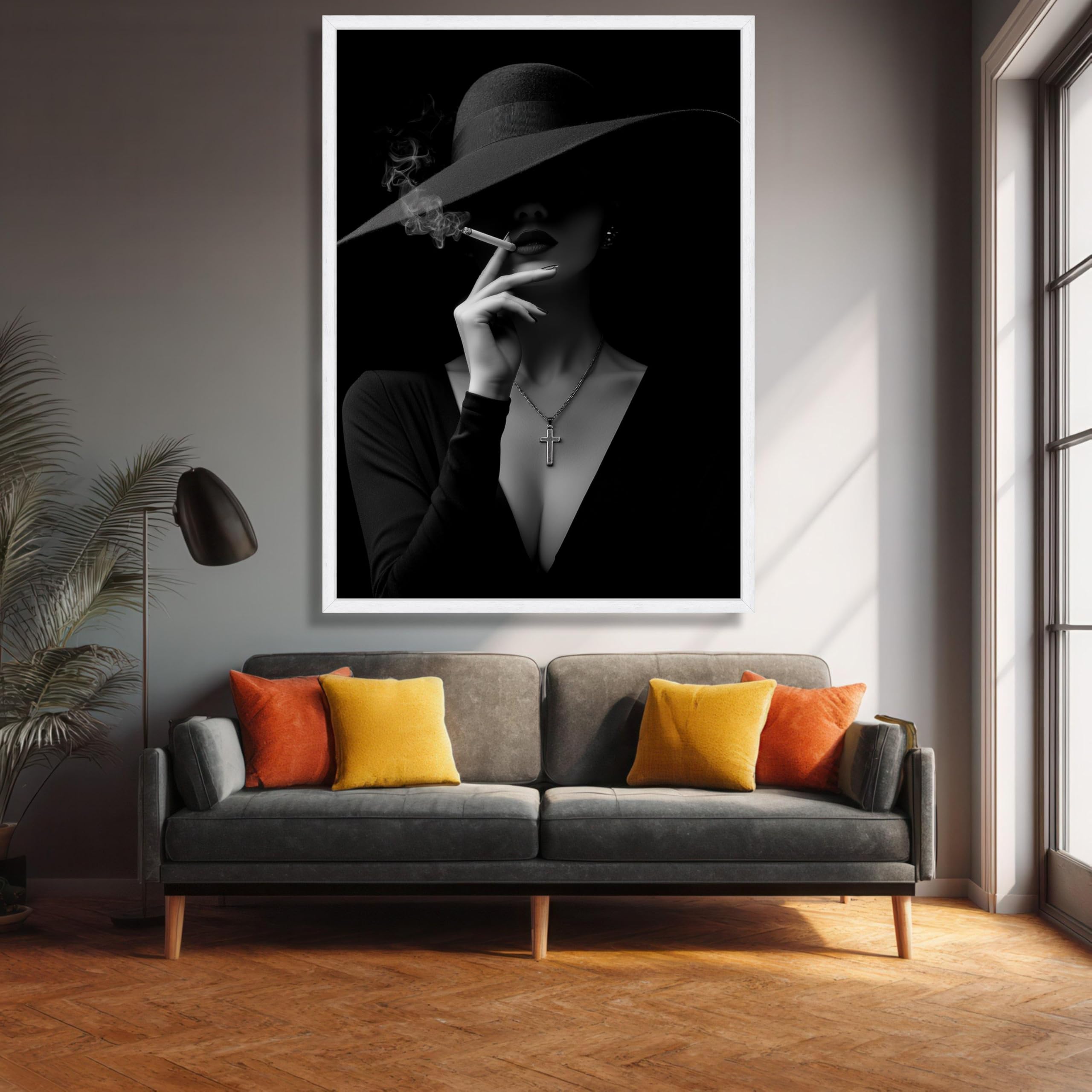 XINBAO Woman Smoking Black Hat Portrait, Noir Style Canvas Wall Art, Photography Print,Home Décor,Ready to Hang Canvas Painting(80x120cm/Frameless)