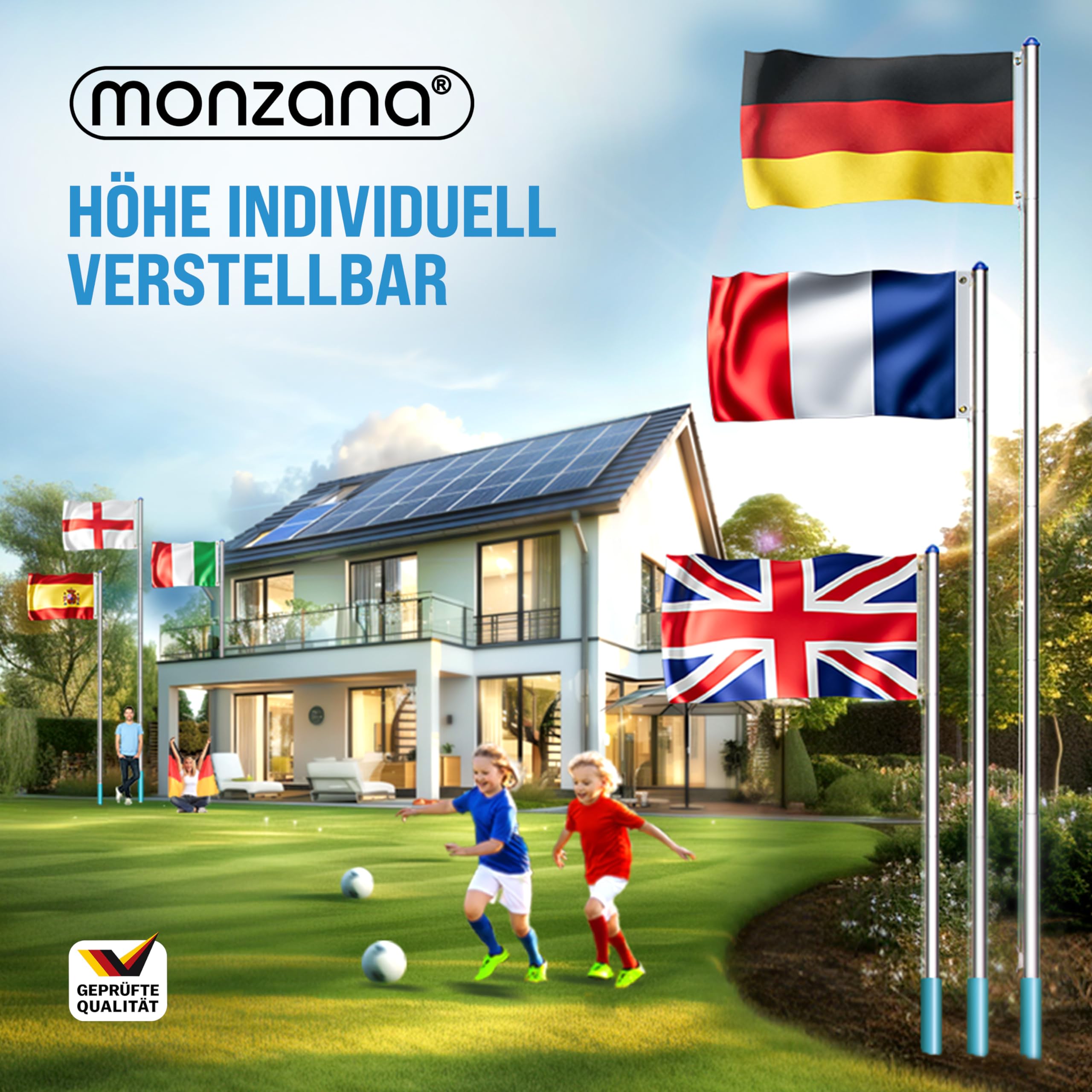 MONZANA® Fahnenmast 6,5m Seilzug Bodenhülse inkl. Deutschland Flagge Deutschlandfahne Fahne höhenverstellbar Flaggenmast Aluminium Teleskop Fahnenstange