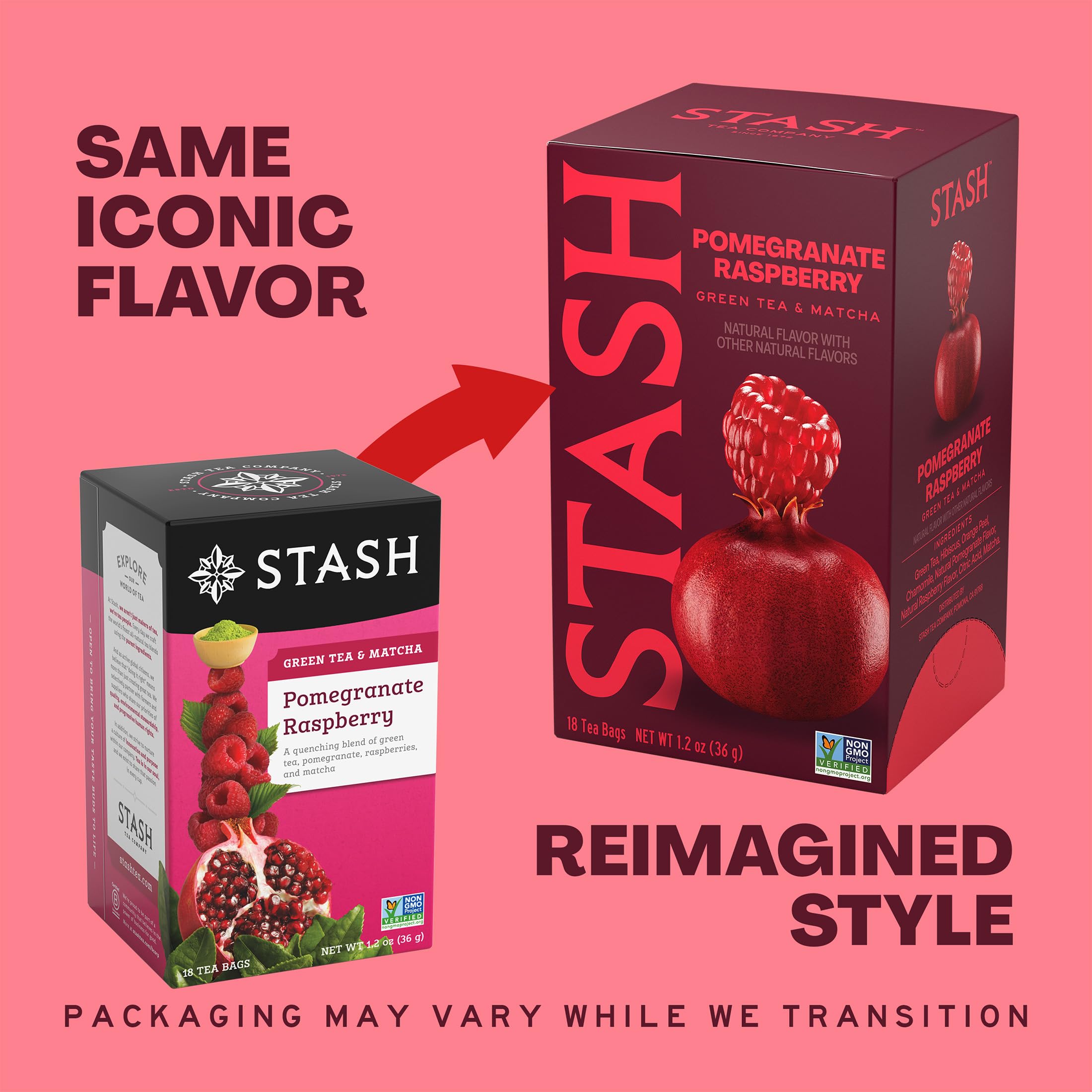 Stash Tea Pomegranate Raspberry & Matcha Green Tea - Caffeinated, Non-GMO Project Verified Premium Tea with No Artificial Ingredients, 18 Count (Pack of 6) - 108 Bags Total