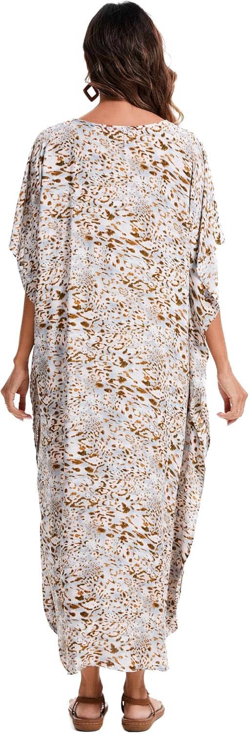 Beautybatik Boho Animal Stripe Print Plus Size Women Kimono Kaftan Maxi Long Sleeve Beach Cover Up Loungewear Dress XL to 4X