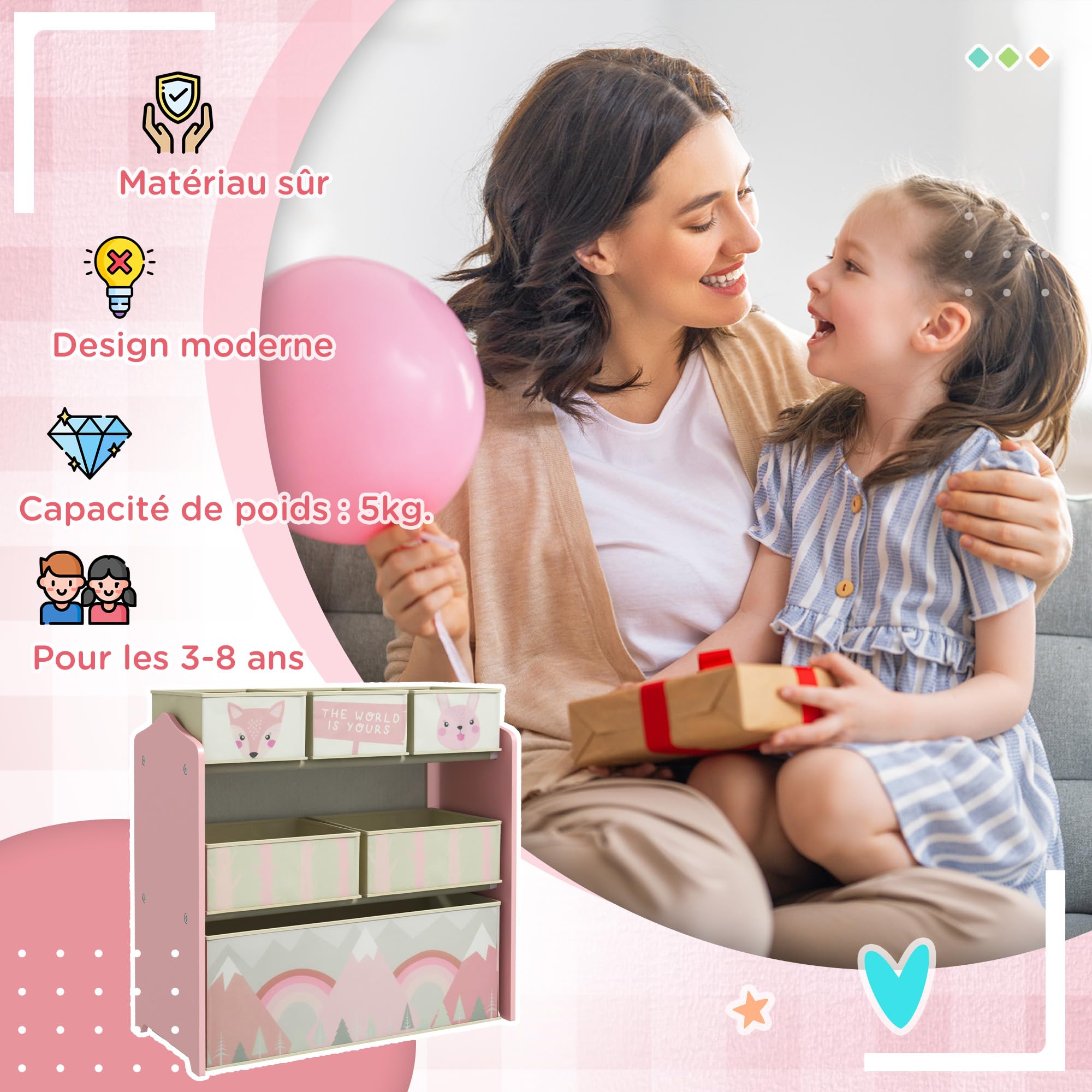 ZONEKIZ Meuble Rangement Enfant, Rangement Jouet Enfant, 6 boîtes Amovibles en Tissu Non tissé, bibliothèque, Organisateur de Jouets pour Salle de Jeu, garderie, école, 63 x 30 x 66 cm, Rose