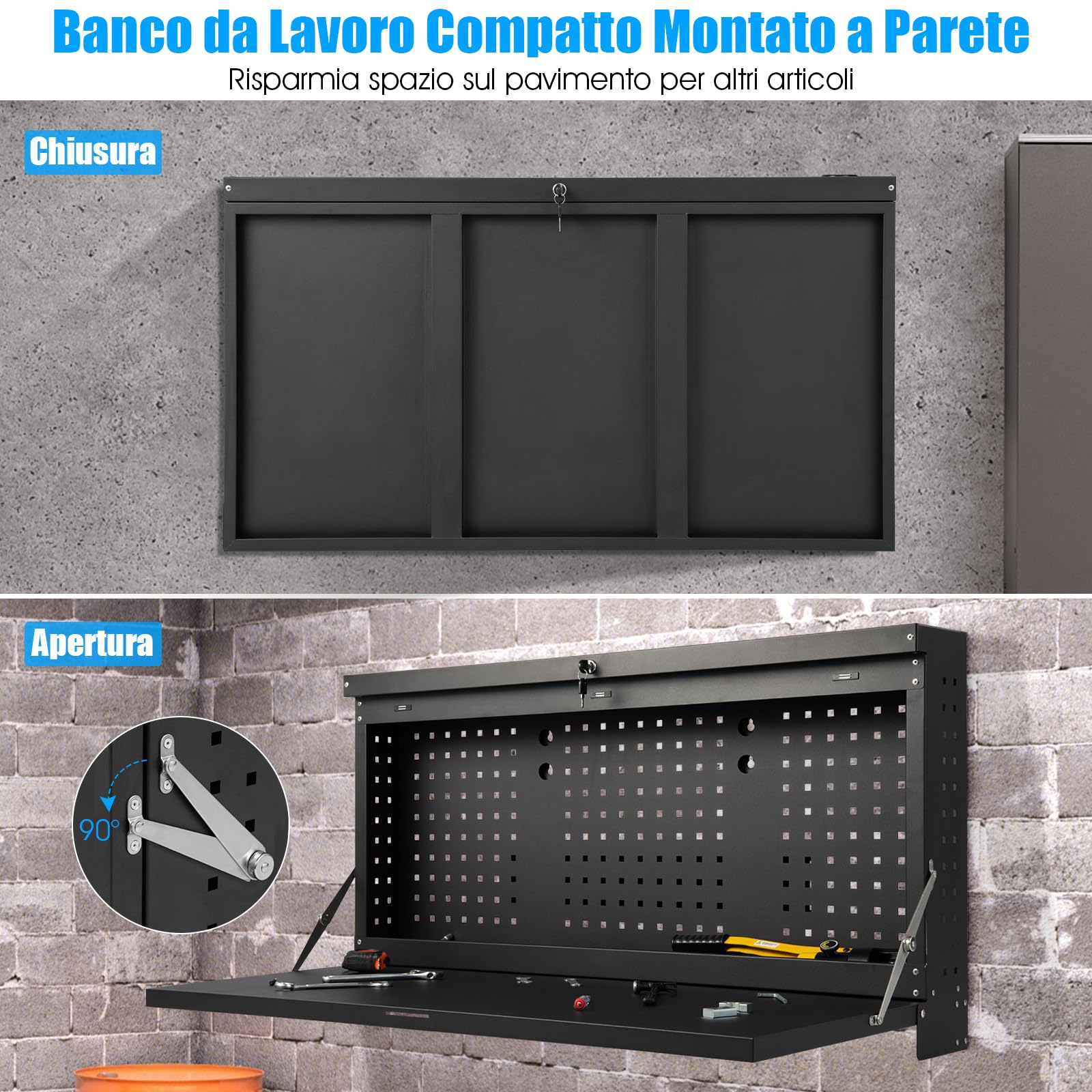 COSTWAY Banco da Lavoro Pieghevole a Parete, Organizzatore 2 in1 con Pannello Portautensili e Piano Spazioso, Tavolo da Lavoro Appeso per Garage, Magazzino, Officina, Nero
