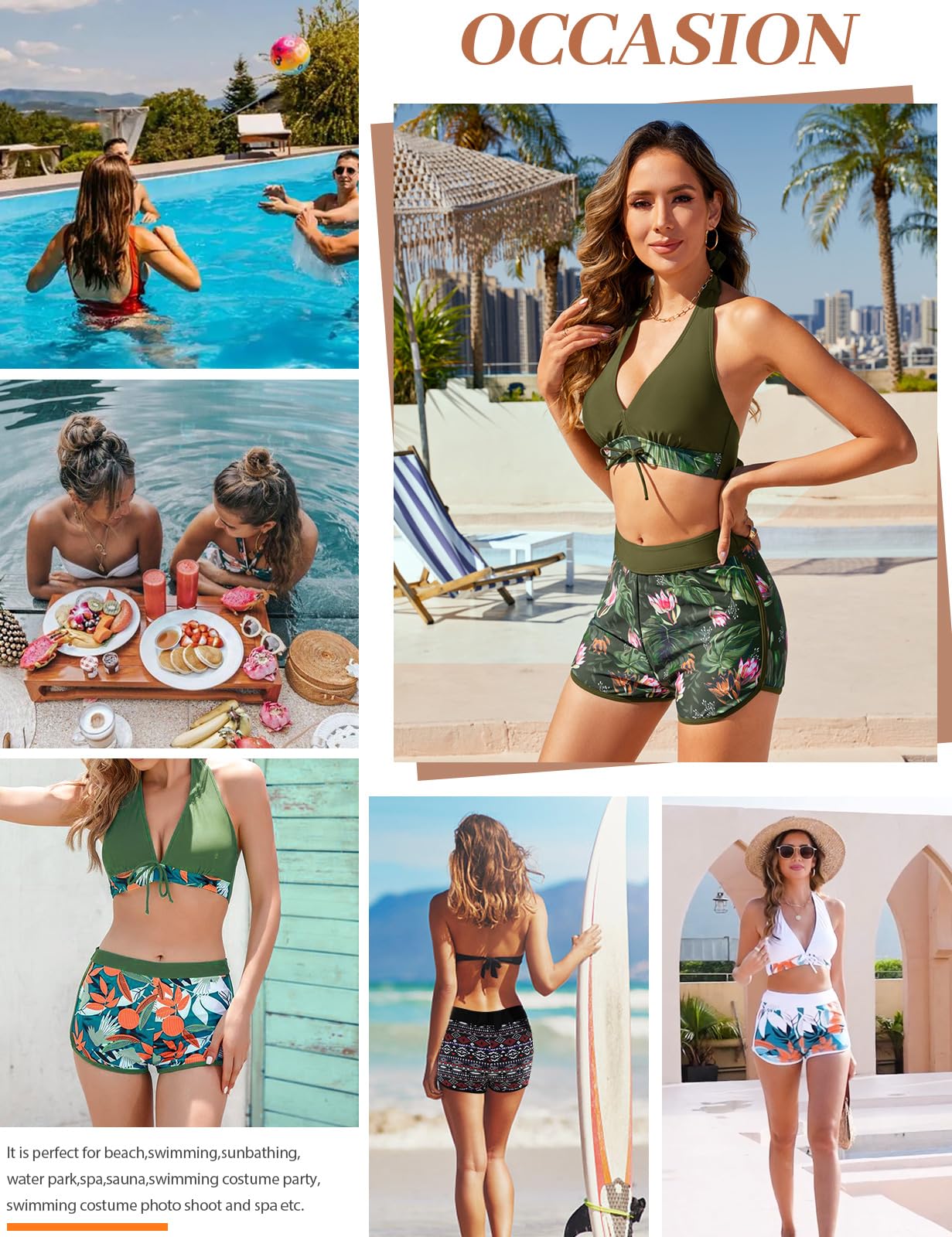 Tuopuda Femme Maillots de Bain Deux Pièces Push-up Col V Bikini Set Ensembles 2 Pièces Haut de Bikini Dos Nu avec Shorty de Bain Taille Haute Imprimé
