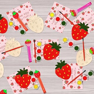 Jengaer Strawberry Party Favors Kit-12 Pack Wooden Painting Crafts with Bubbles, Cards, Wooden Painting Kit for Baby Shower Themed Events and Strawberry Shortcake Party Decorations