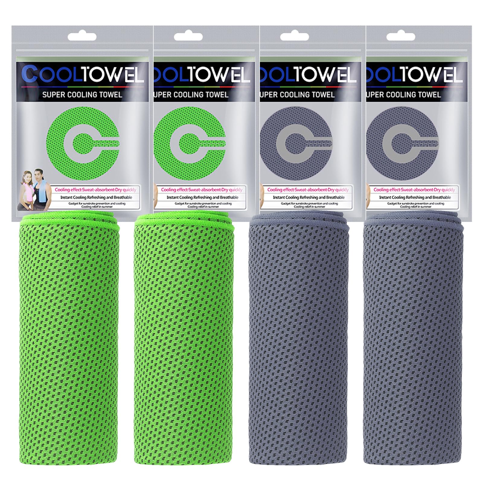 4Pack Cooling Towel (40"x12") Ice Towel for Neck, Microfiber Cool, Soft Breathable Chilly for Yoga, Sports, Golf, Gym, Camping, Running, Fitness, Workout (/Green/Dark Grey)