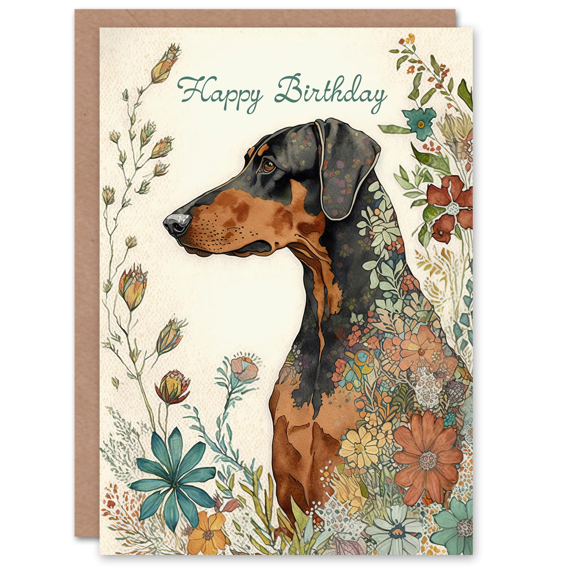 Artery8 Happy Birthday Doberman Dog and Spring Flowers Birthday Card