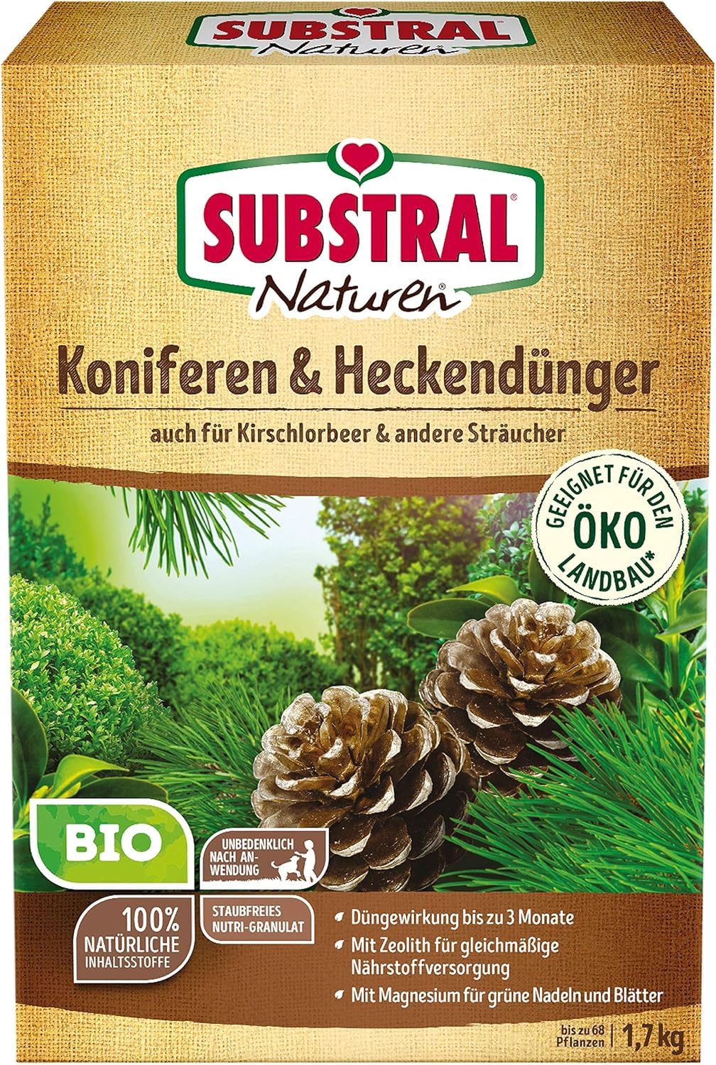 Substral Naturen Bio Koniferen- und Heckendünger, 1,7 kg - Organisch-mineralischer Volldünger für Nadelgehölze und Hecken