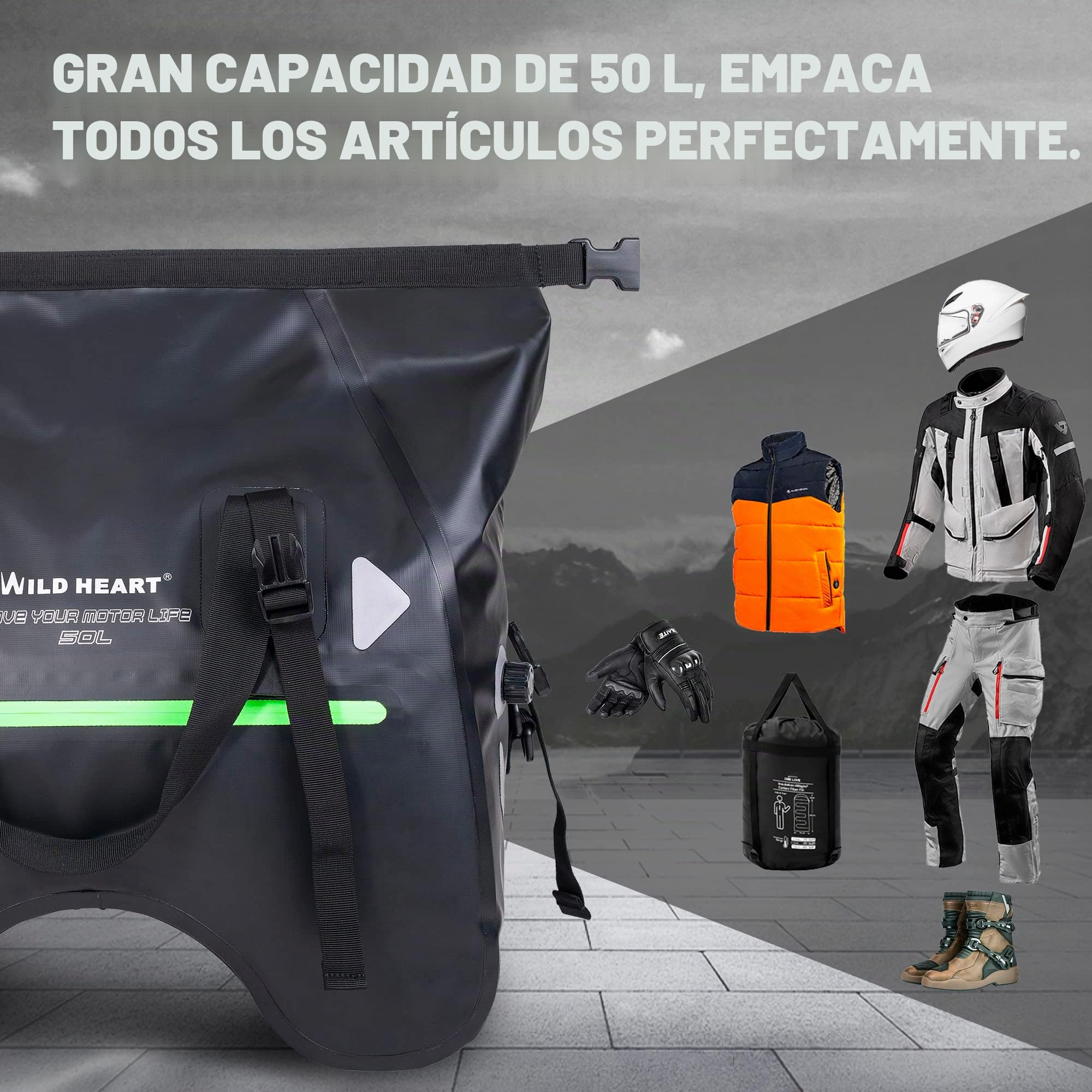 WILD HEART Bolsa de Asiento Trasero de Motocicleta en Forma de U 50L Impermeable Cola Bolsa de Lona Equipaje de Moto con Correa (Negro)