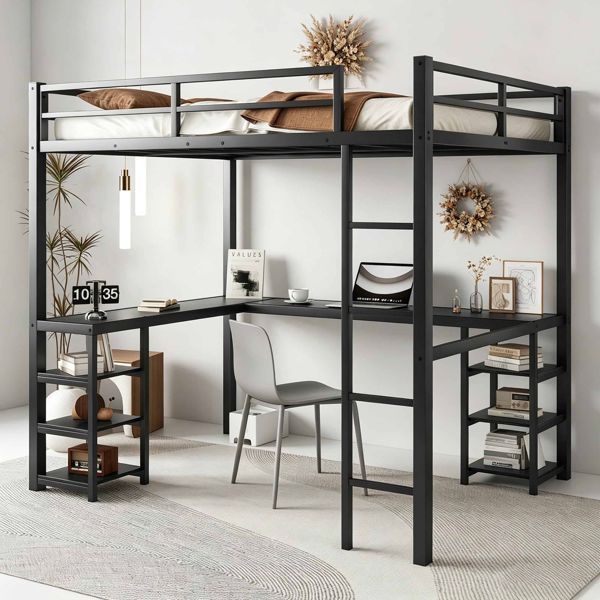 Photo 1 of ***PARTIAL SET - PRICE ADJUSTED***Bellemave Metal Full Size Loft Bed with L Shaped Desk,Heavy Duty Loft Bed Full Size with 6 Storage Shelves for Kids Teens,Adults,Space-Saving,Black