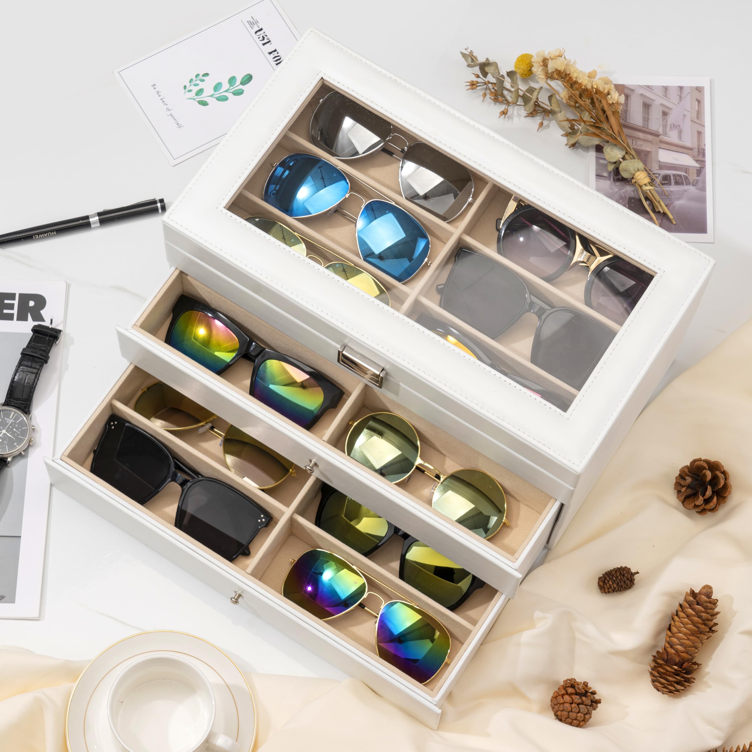 ProCase 3 Etagen Brillenbox 18 Sonnenbrillen Displaybox Aufbewahrungsbox aus Leder Brillenschatulle Brillenkoffer mit Glasdeckel