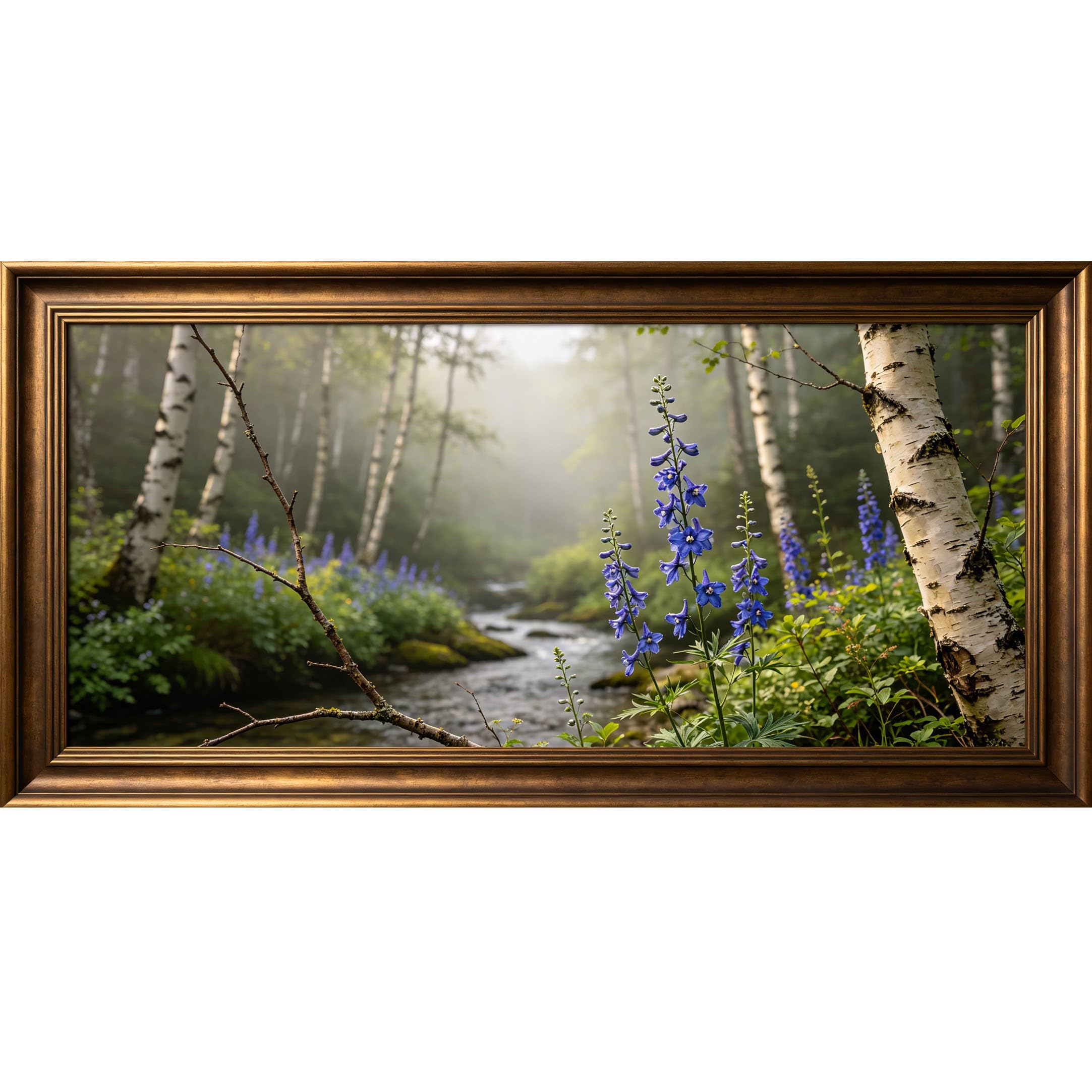 Agglomerix 3D Framed Wall Art Blue Delphinium Flower Birch Forest Creek Landscape Nature Modern Large Size SelfAdhesive Removable Wall Decor Prints Artwork for Living Room Bedroom Office