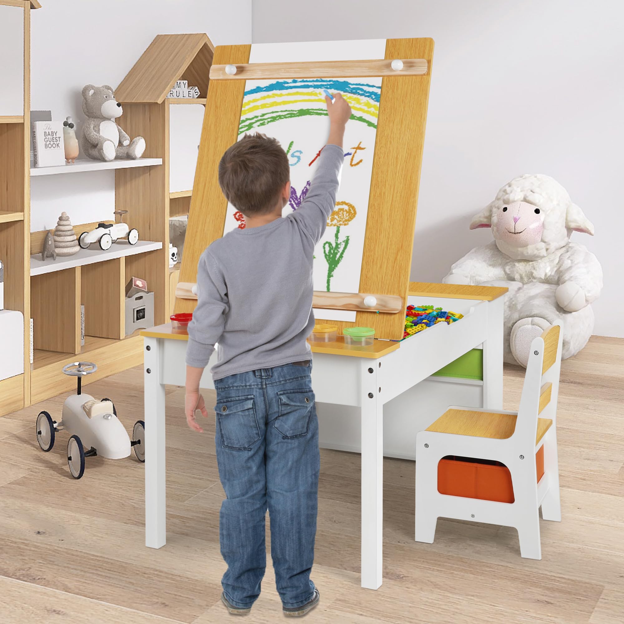 ROCSUMOO Kinder-Kunsttisch-Set mit 2 Stühlen - Holzerner Aktivitätstisch für Kleinkinder mit Verstellbarer Tischplatte, Farbpigment-Eimer und 8 Stoff-Aufbewahrungsboxen (Natürlich)