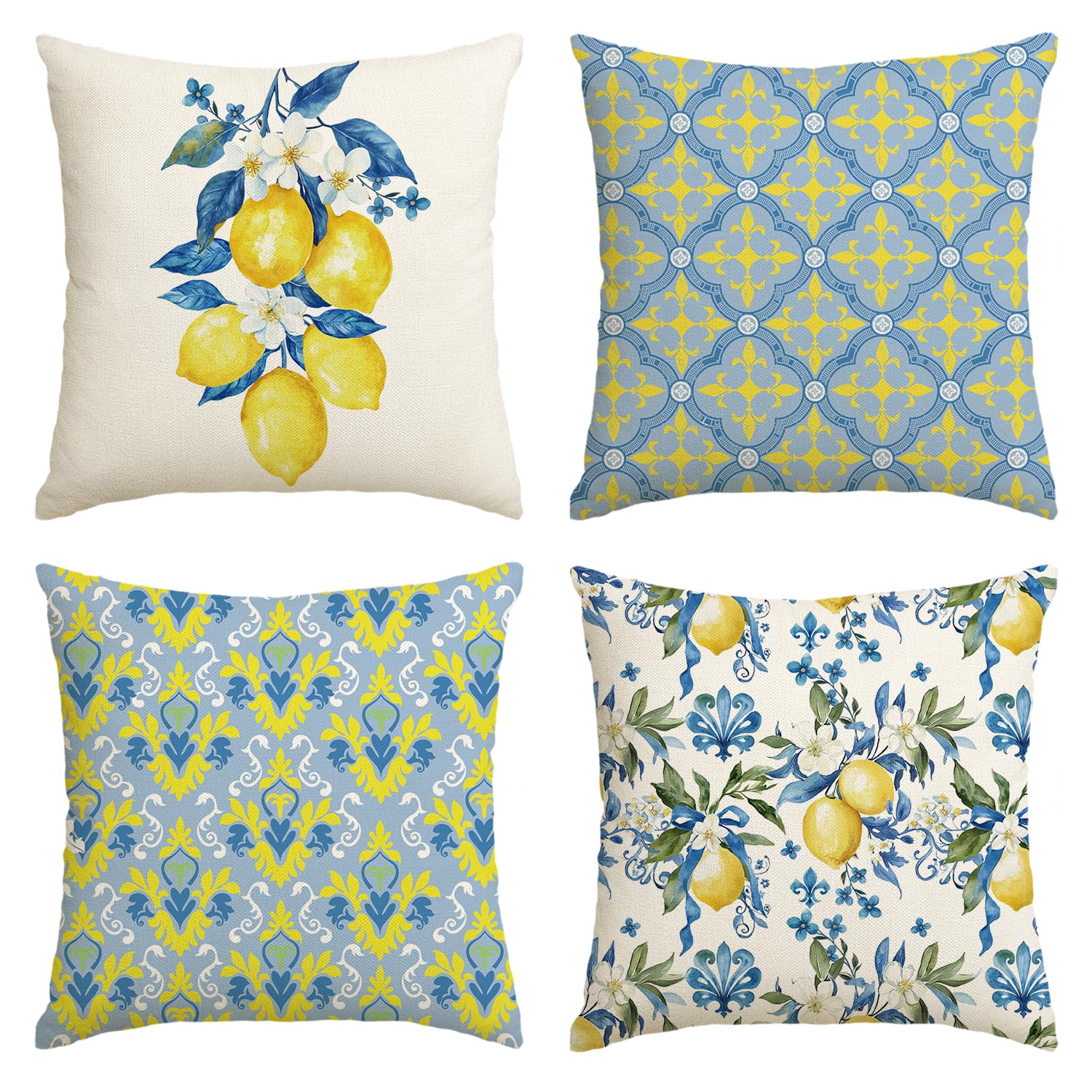 Artoid Mode Lemon Flowers Floral Summer Cushion Covers Set of 4, 45x45 cm Spring Home Sweet Home Decorative Pillow Case Cover Sofa Living Room Decor