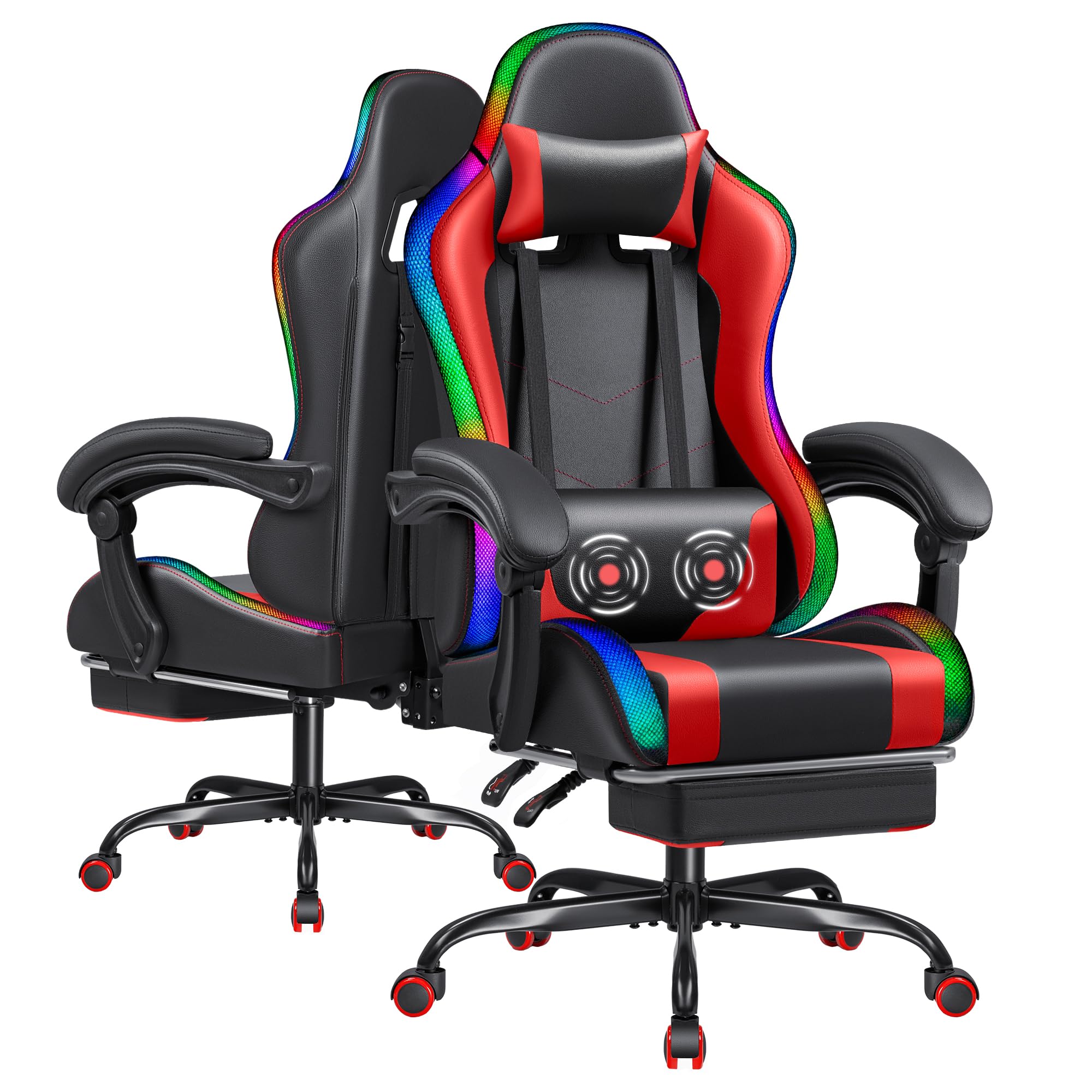 Furmax Gaming Chair with RGB LED Lights, Video Game Chair with Footrest and Massage Lumbar Support, High Back Reclining Computer Chair with Headrest,