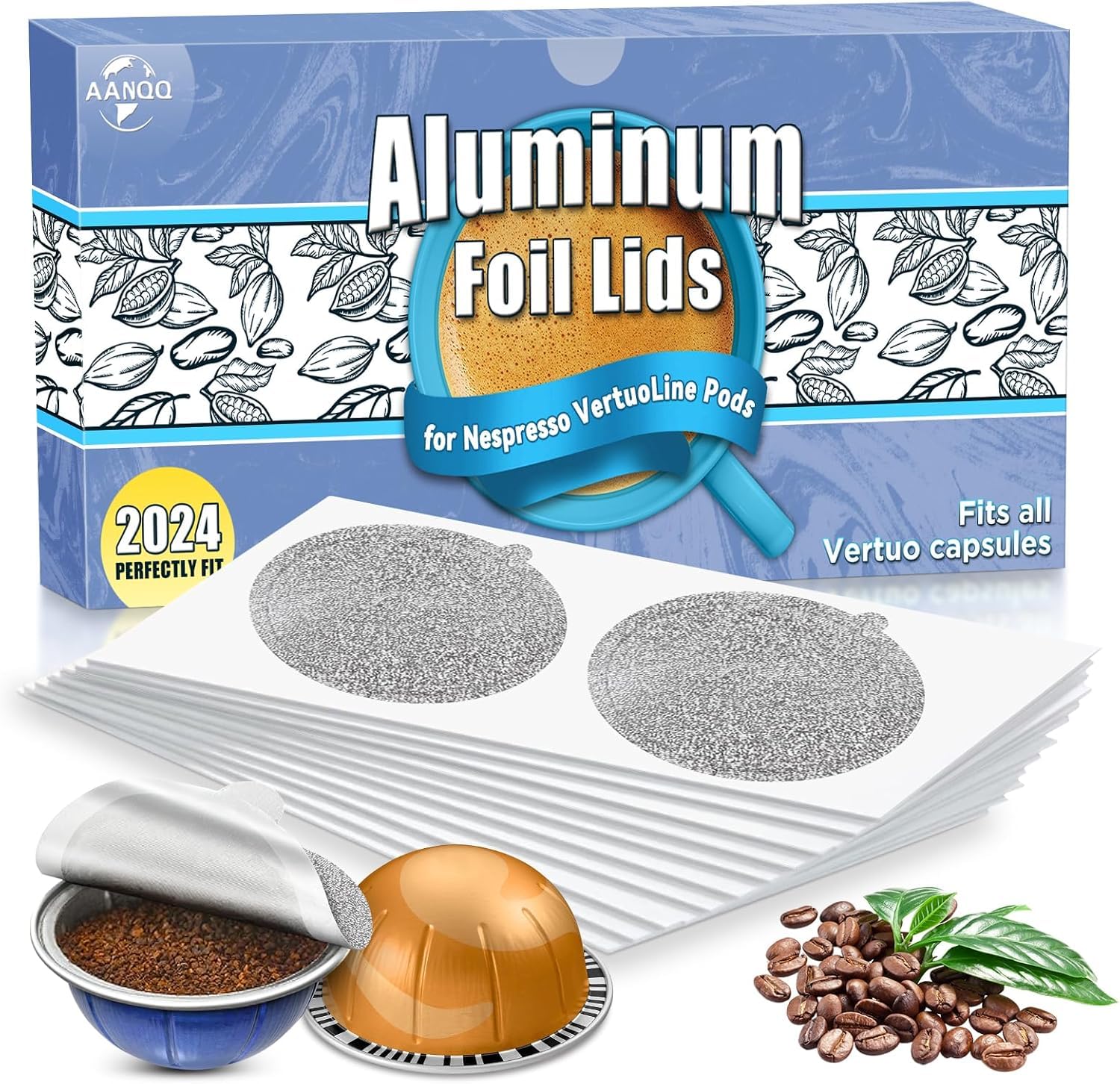 AANQQ Aluminum Foil Lids for Nespresso Vertuo Reusable Pods: 100 PCS Foil Seal Cover for Refill Espresso Coffee Pods - Fit with Nespresso Vertuoline VertuoPlus Refillable Capsule(Stickers Only)