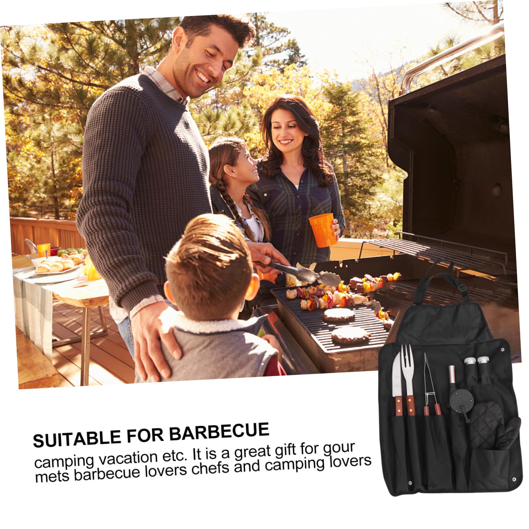 1 Satz Edelstahl Grillbesteck mit Holzgriff, Schwarz, Outdoor BBQ | Grillschürze und Handschuh Enthalten, Aufbewahrungstasche Dabei, für Camping und Grillparty