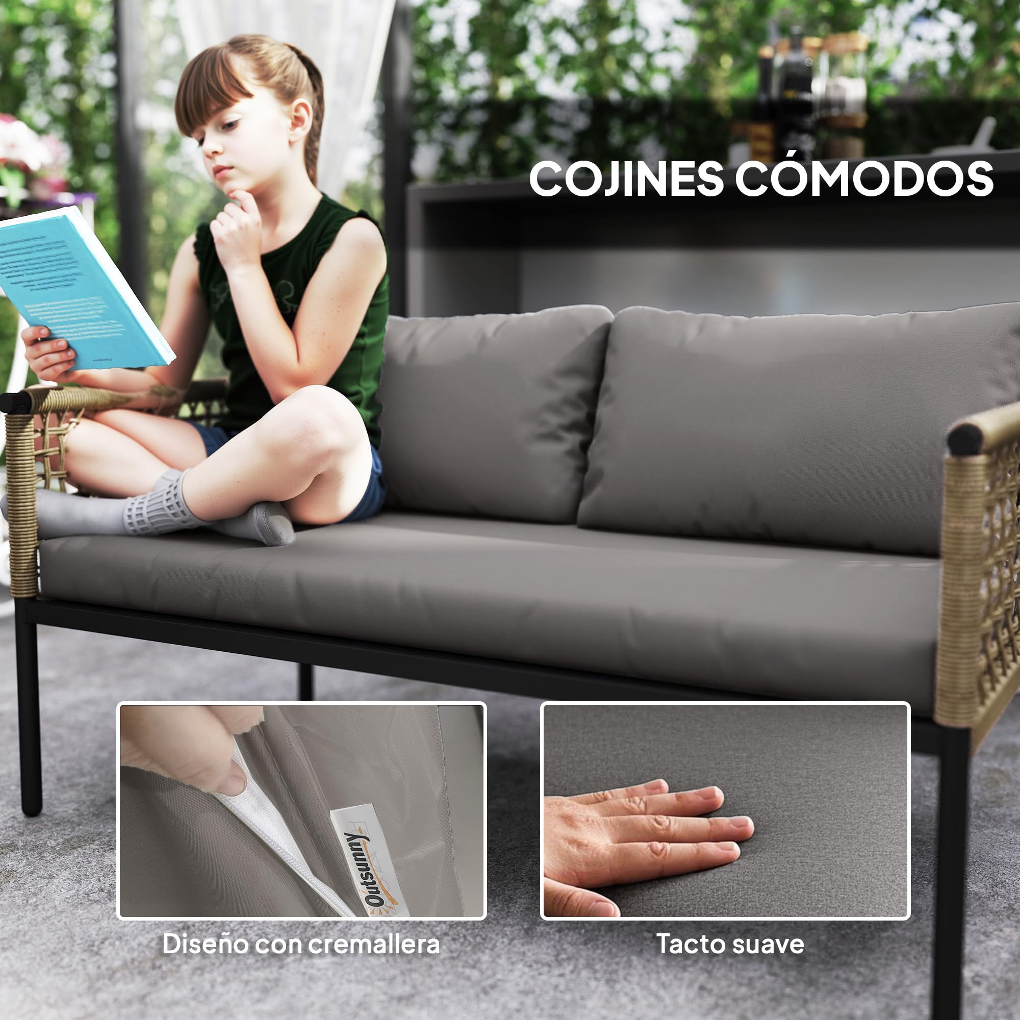 Outsunny Conjunto de Jardín Exterior de Ratán Sintético Natural y Gris | 4 Piezas, Muebles de Jardín Exterior, Incluye 1 Sofá Doble, 2 Sillones, Mesa de Centro con Cojines