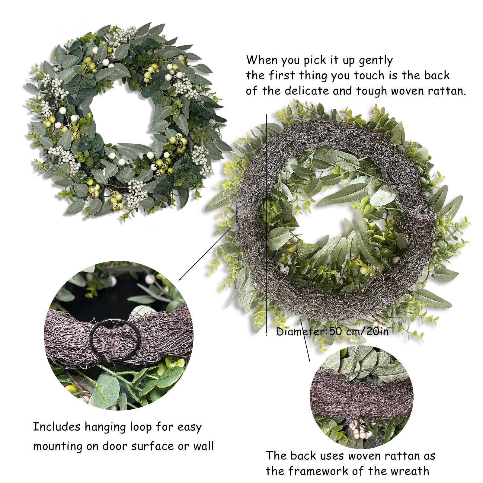 Couronne d'eucalyptus pour porte d'entrée, 50 cm, couronne d'eucalyptus artificielle verte avec baies pour murs, fenêtres, véranda, décoration de fête
