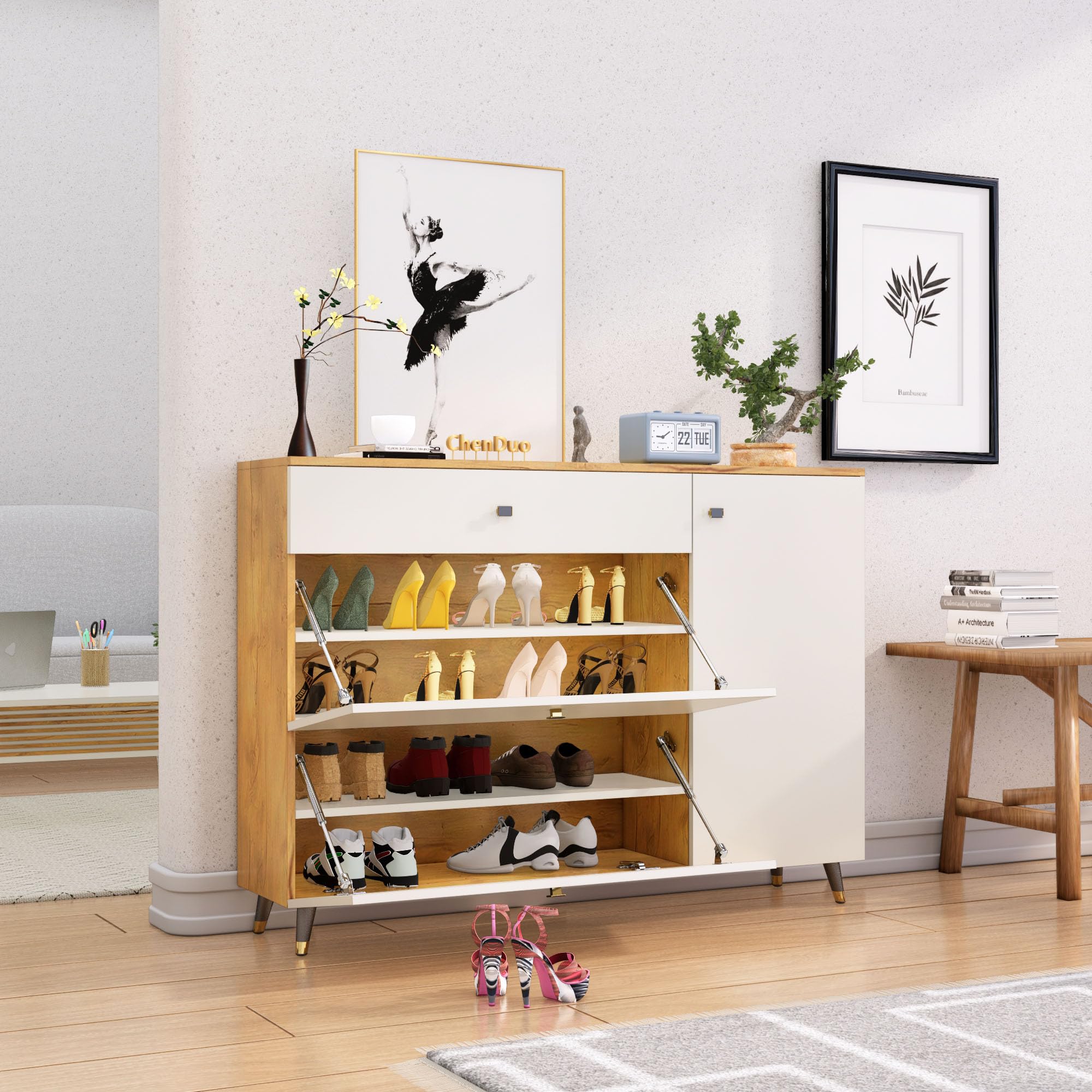 Bniture Engineered Wood Shoe Rack for Home with Metal Legs Strong, Sturdy and Stylish | Moisture & Termite Resistant (Giant Wood & Frosty White)-image-12