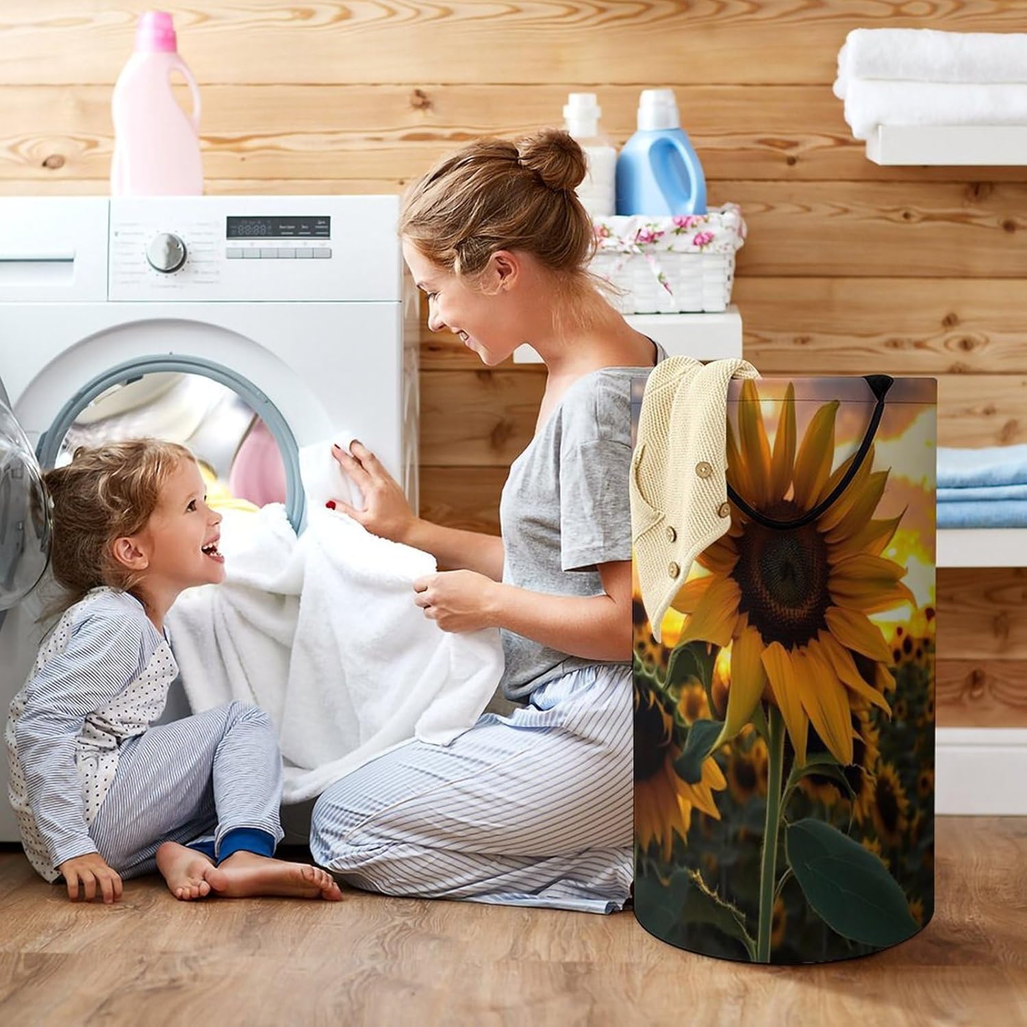 Farm Sunflower Laundry Hamper with Handles Waterproof Collapsible Laundry Basket Large Lightweight Round Dirty Clothes Hamper for Home Dorm Bathroom Decor
