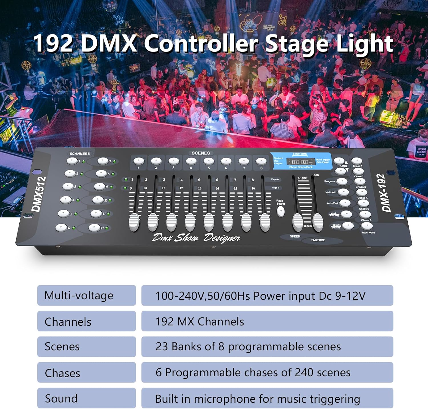 192-Channel DMX512 Controller Board, Lighting Mixer DMX Console for Stage Lights & Effect,DJ Disco, Night Club, Bar and Live Show Events