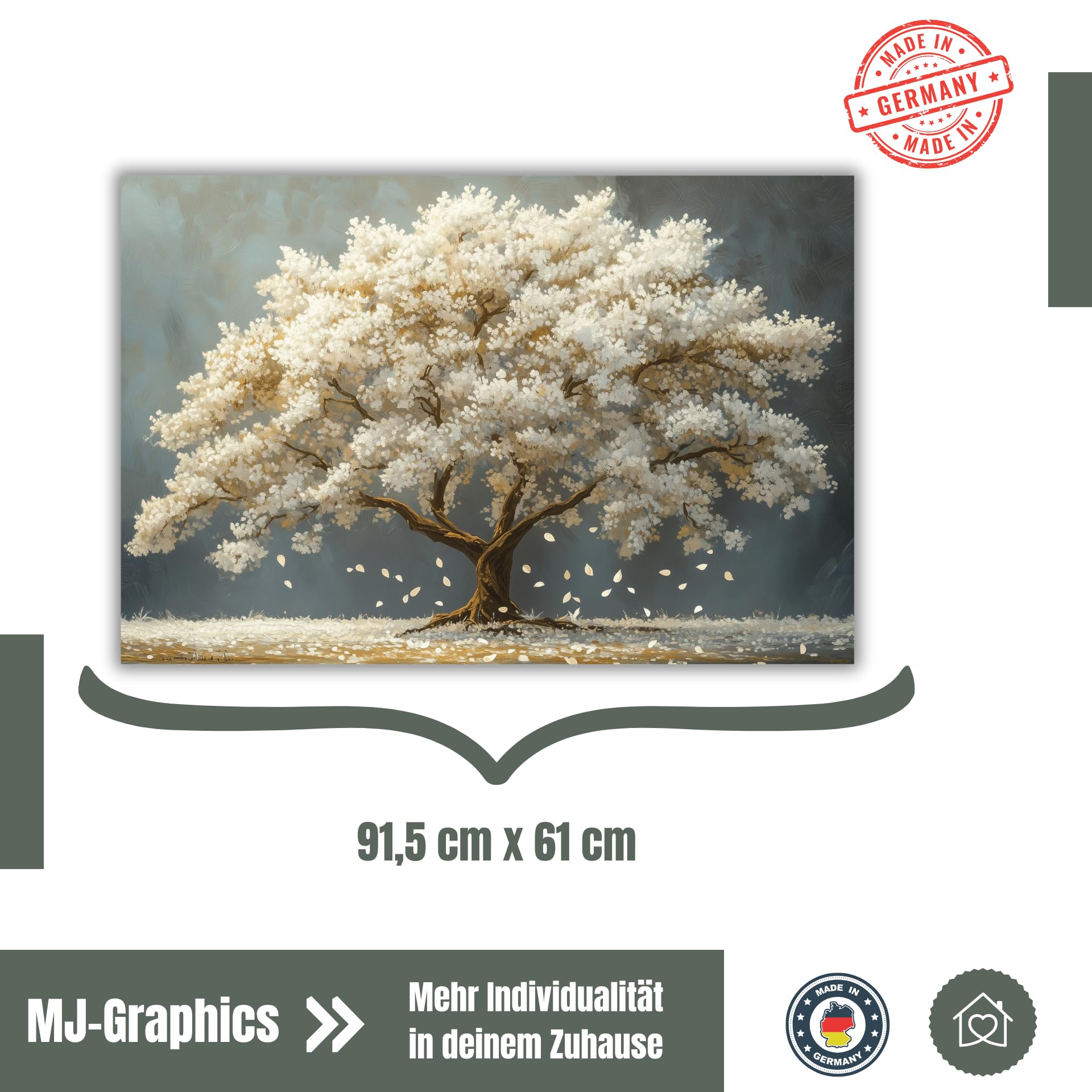 MJ-GRAPHICS® 91,5x61cm Poster Baum Weiß Gold XXL großes Bild Wandbild Kunstdruck Modern Landschaft Wohnzimmer Wanddeko Kunstdruck Design Bild auf Poster für Wohnzimmer Büro ungerahmt