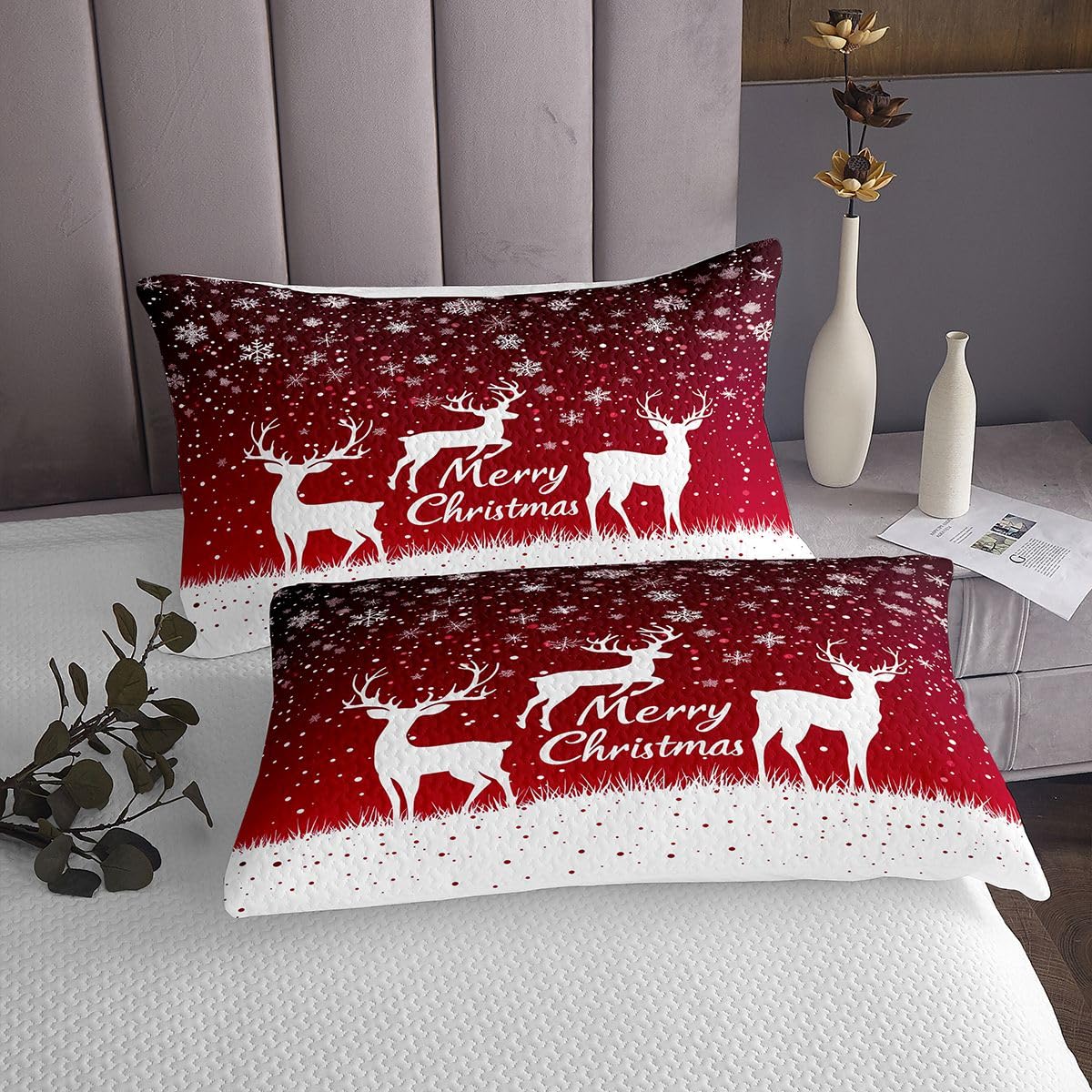 Homewish Copriletto singolo con renne rosse sfumate | Set di biancheria da letto trapuntata invernale bianca con motivo neve e sagoma di neve, per bambini e adulti