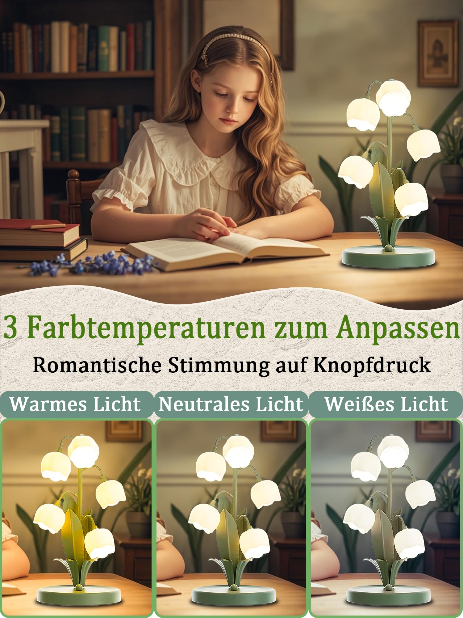 Blume Tischlampe, 5 Lilien Nachttischlampe, Vintage Grüne Tischlampen | 3 Lichtfarben, 5 G4-LEDs inklusive und stabiler Eisenfuß, Perfekt für Schlafzimmer, Wohnzimmer, Büro, Wohnkultur