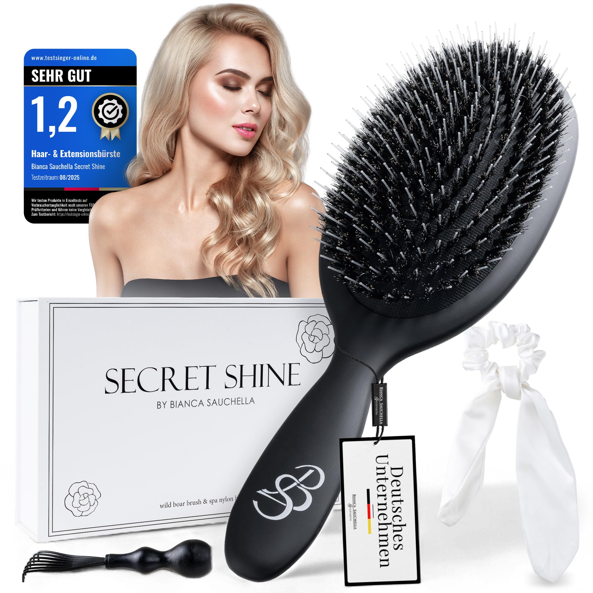 Bianca Sauchella Secret Shine Extensions Bürste – Wildschweinborsten & Keratin-Stifte, Anti-Frizz, schonend & ohne Ziepen, ideal für Tape-In, Bonding & Clip-In Extensions, Schwarz