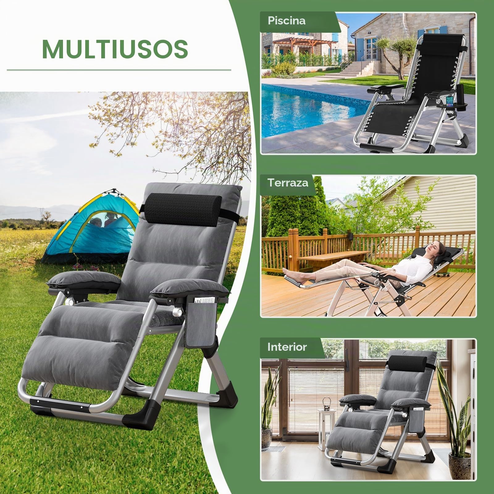 Tumbona Ryuhic para jardín, silla de gravedad cero ajustable, resistente con cojín y reposacabezas, bolsillo, soporta 200 kg, sillas reclinables plegables