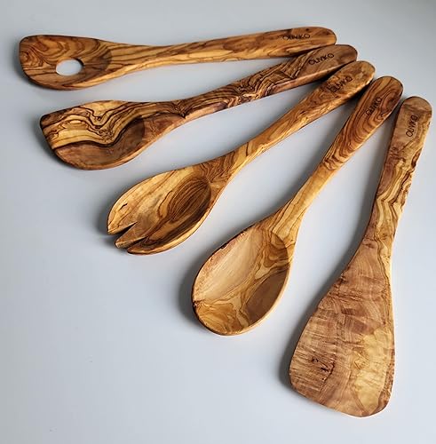 OLIVIKO Juego de 5 cucharas 100 madera de olivo mango plano para utensilios de cocina antiadherentes y utensilios de cocina cocinar hornear y servir