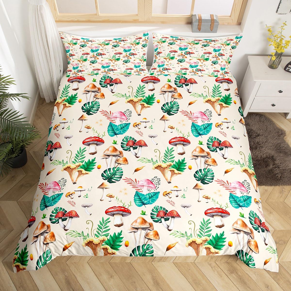 Homewish Kids Boho Mushroom Duvet Cover Double Size, Luxury Aesthetic Beige Bedding Set Reversible, Retro Botanical Wild Plants Print Quilt Cover for Teens Adults, Natural Wild Fungus Bed Sets — image 1
