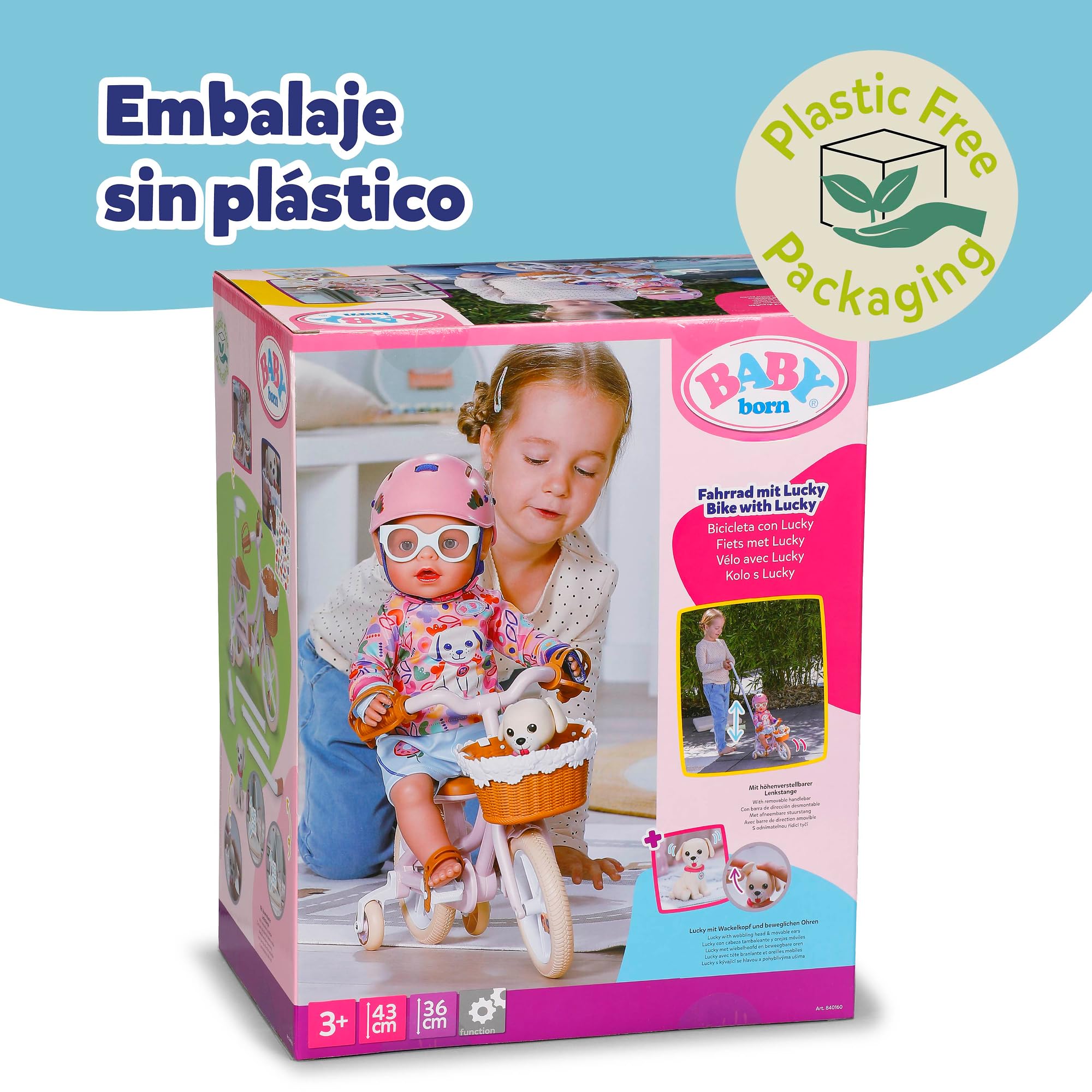 BABY born Bicicleta con Lucky, Bicicleta para muñecas con Cesta, Manillar y Pegatinas